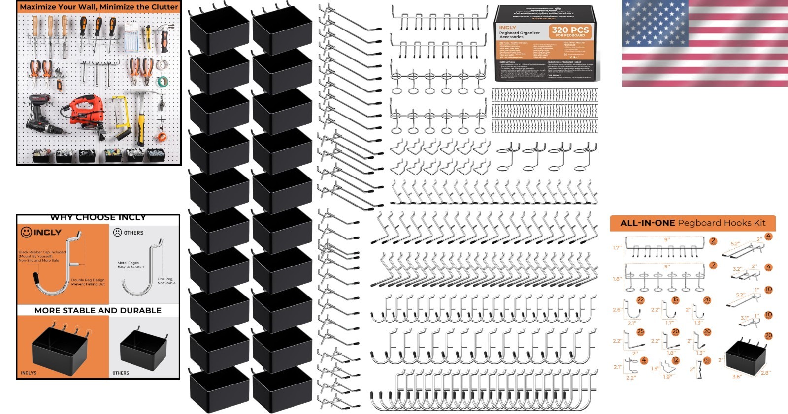 320-Piece Pegboard Storage Solution with Hooks and Bins—Durable Design