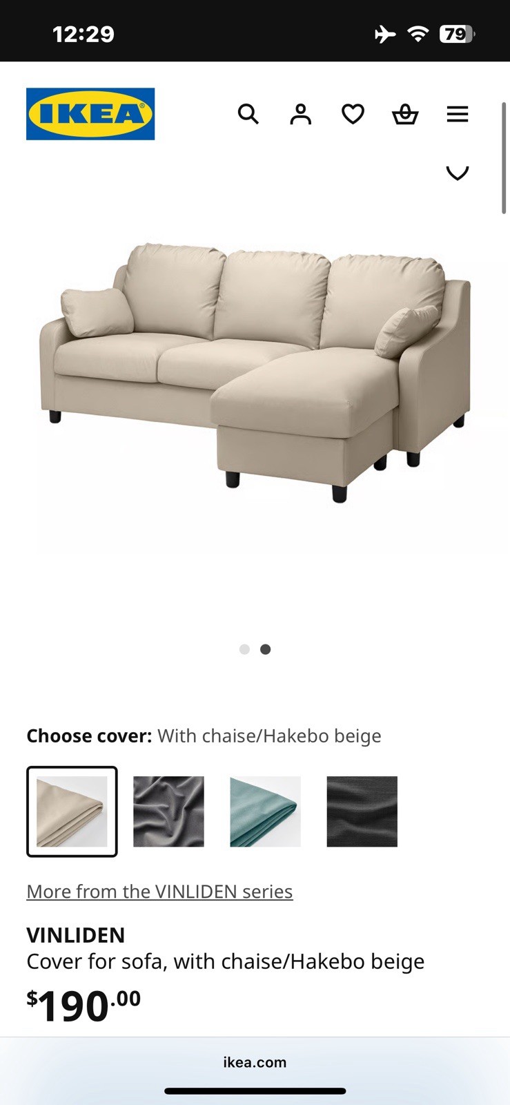 Ikea 704.437.73 VINLIDEN Cover for sofa, with chaise/Hakebo beige