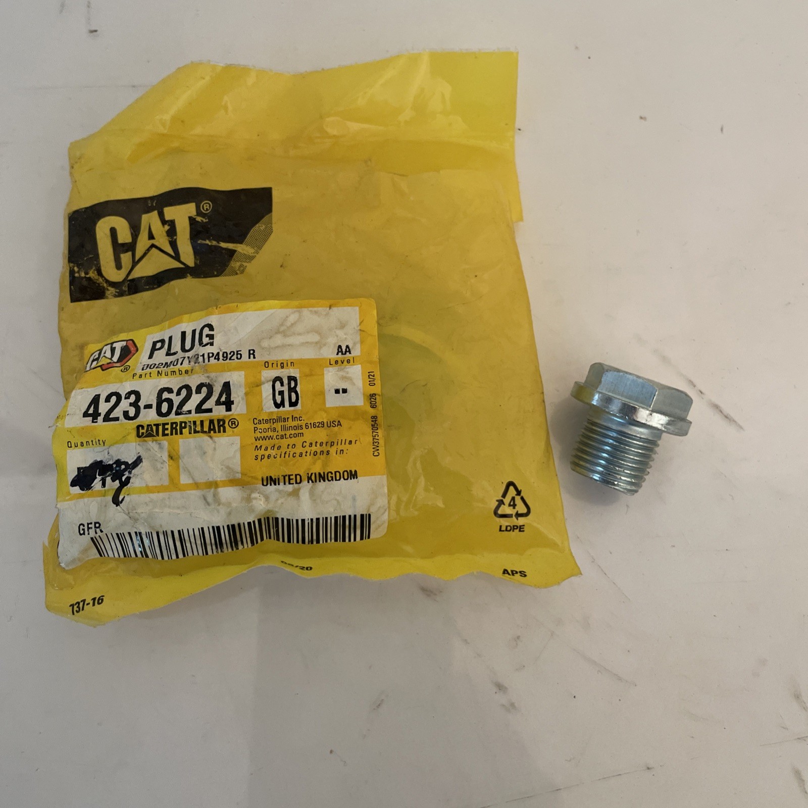 GENUINE CATERPILLAR CAT OIL PAN DRAIN PLUG 423-6224 NEW 4236224 OEM