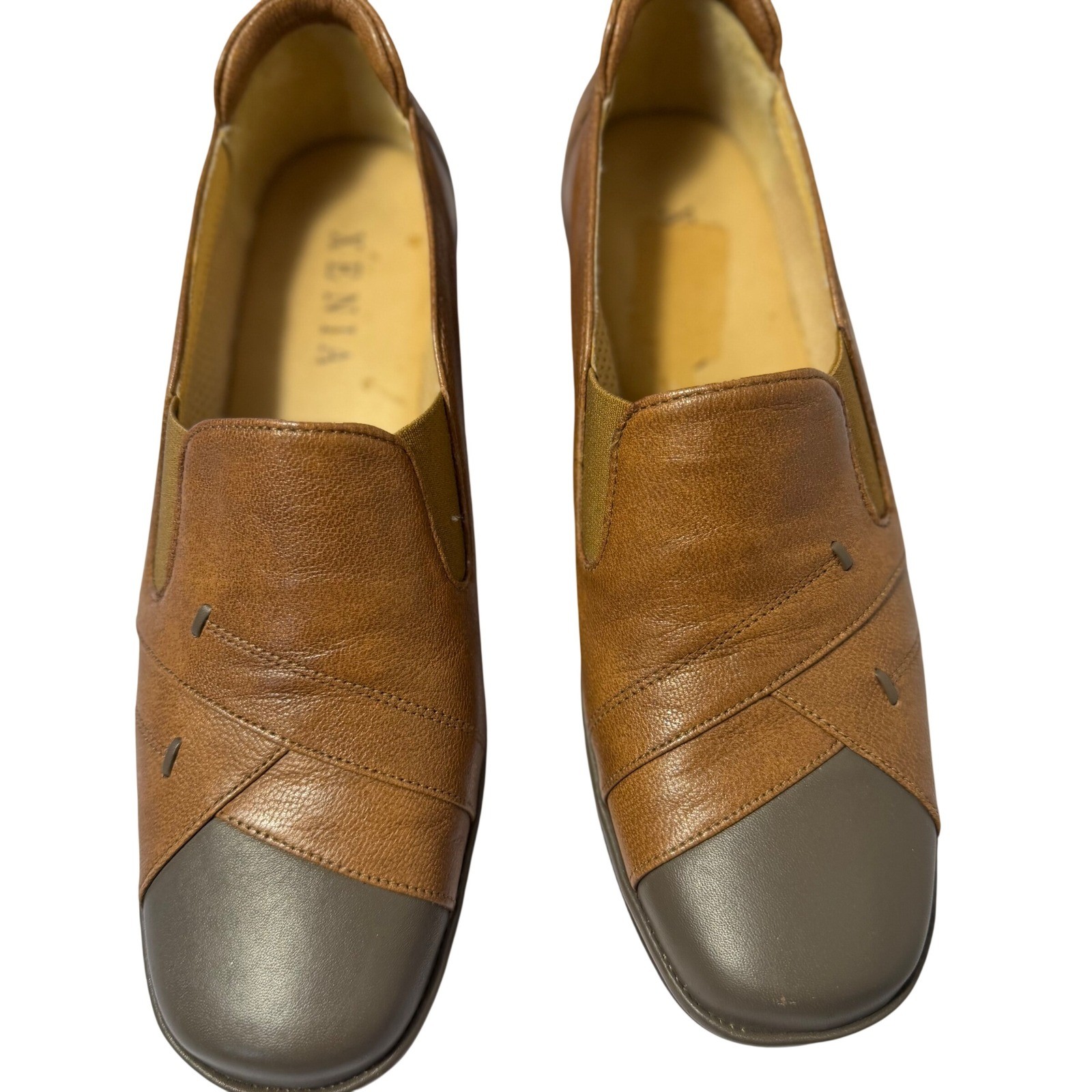 XENIA Leather Comfort Loafers Brown & Taupe Slip-On Wedge Shoes Women's 6.5