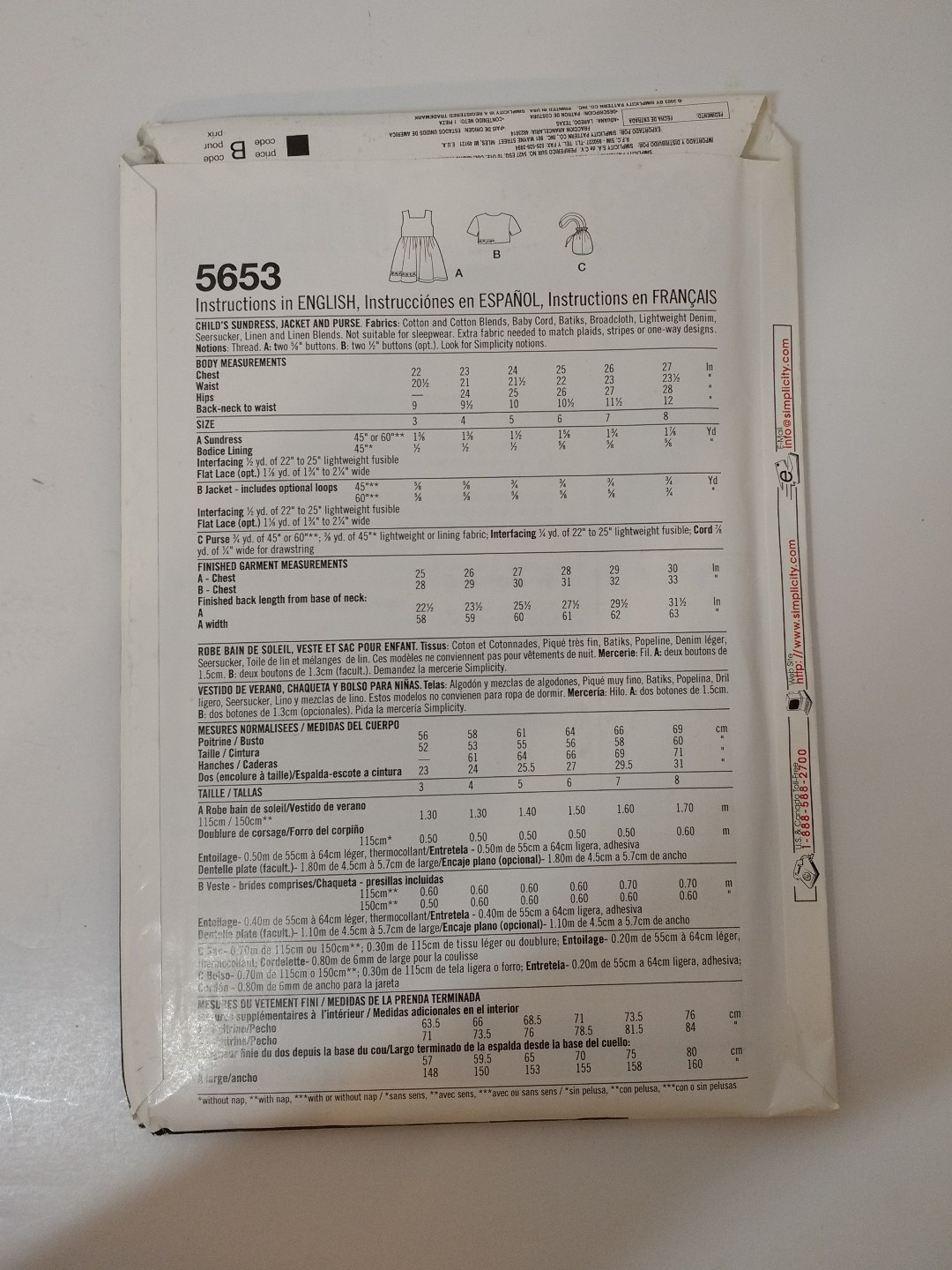 Simplicity 5653 Size 3-8 Child's Sundress Jacket Purse
