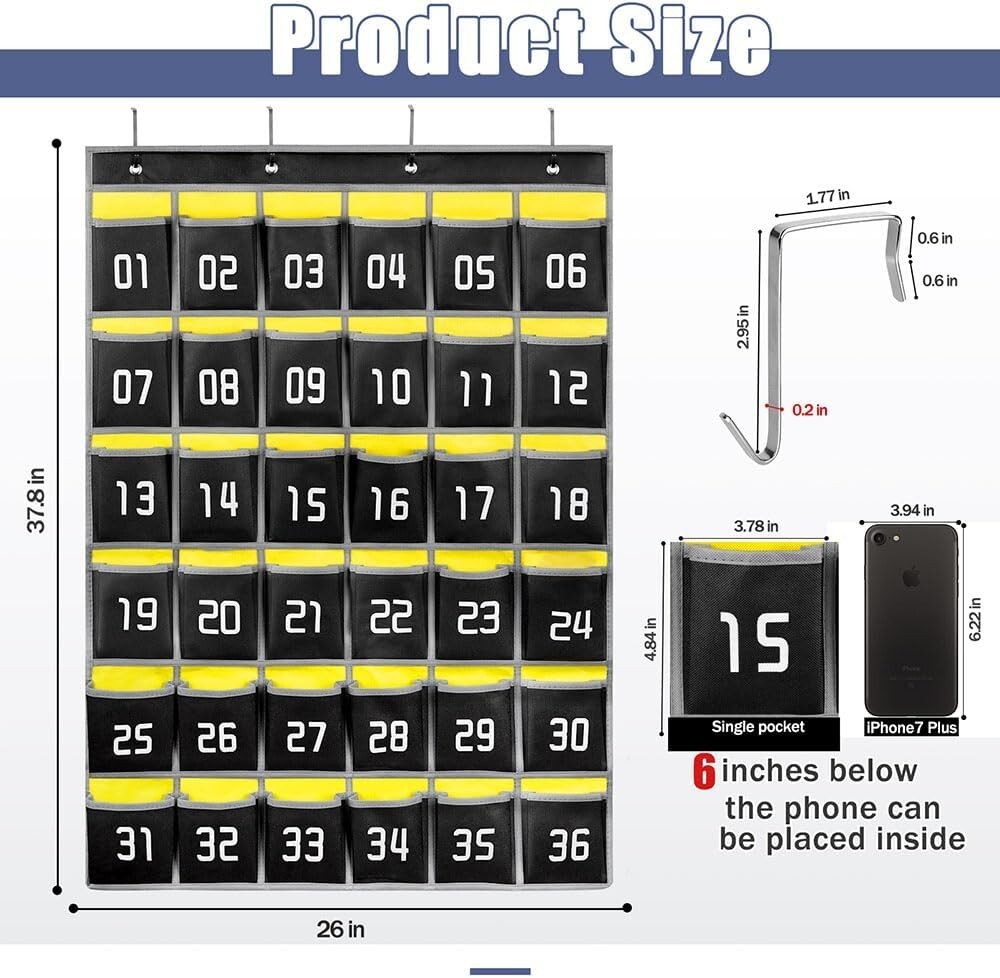 Numbered Classroom Pocket Chart - Cell Phone Holder for Students - 36 Pockets