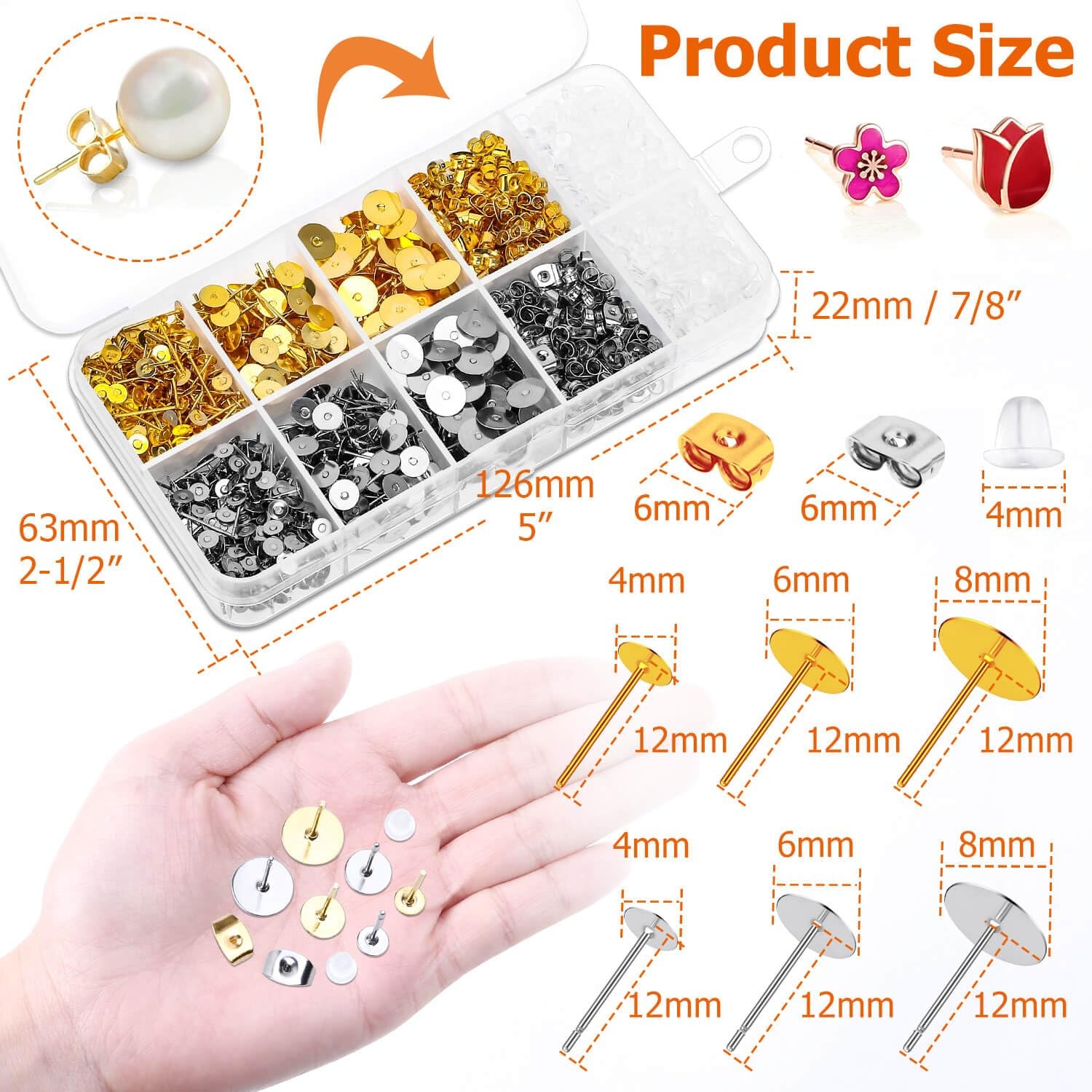 Hypoallergenic Earring Posts and Backs, Caffox 2000pcs Stud Earrings Making Kit