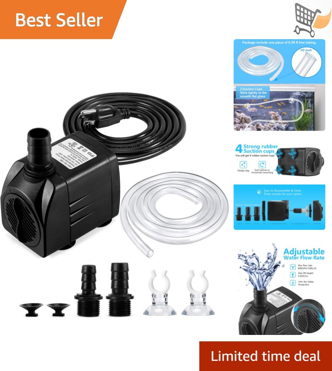 Water Pump Submersible 400GPH 25W for Aquarium Pond Fountain Hydroponics