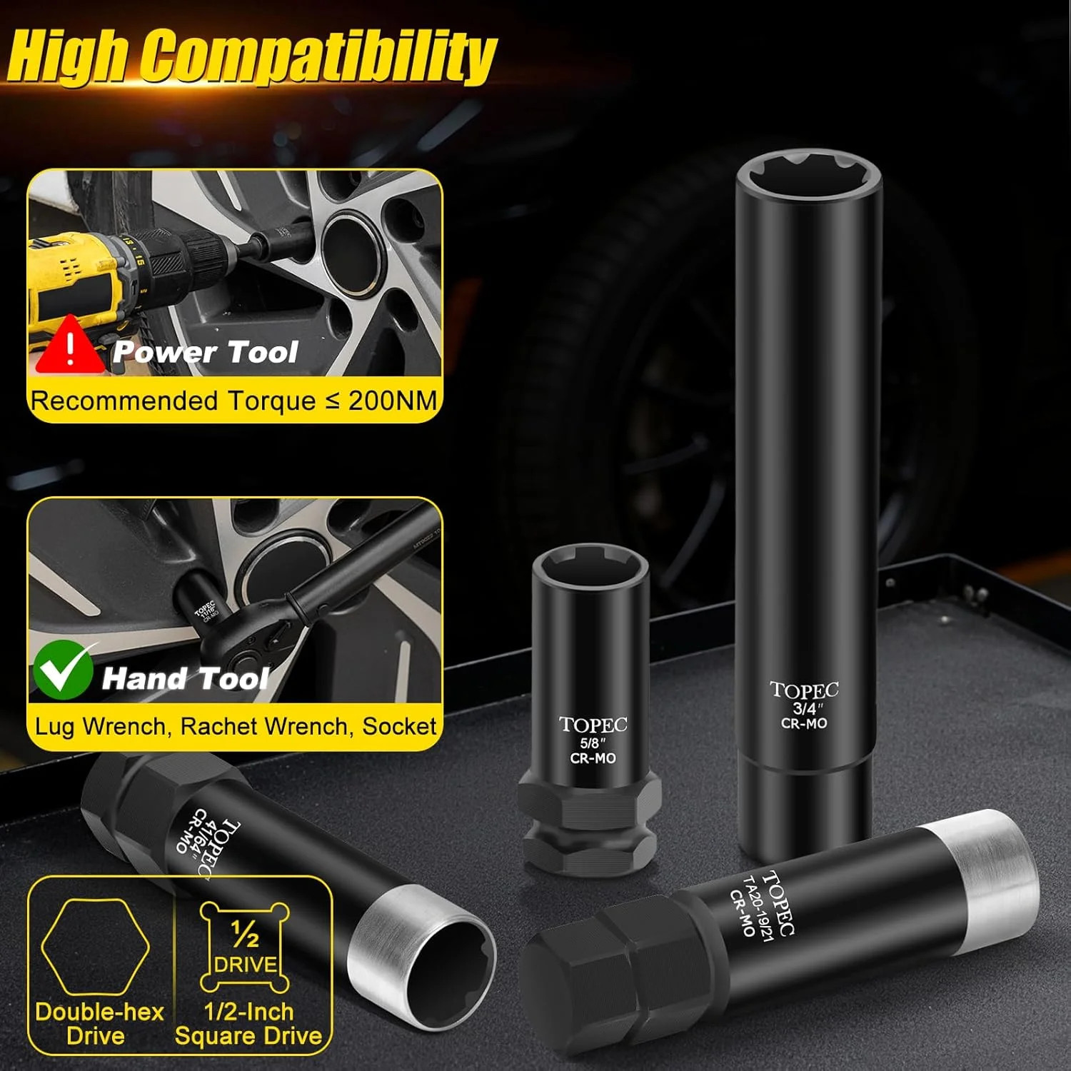 Topec 11PCS Master Lug Nut Key Set - 5, 6, 7, 10, 12 Spline Lug Nut Socket Set,