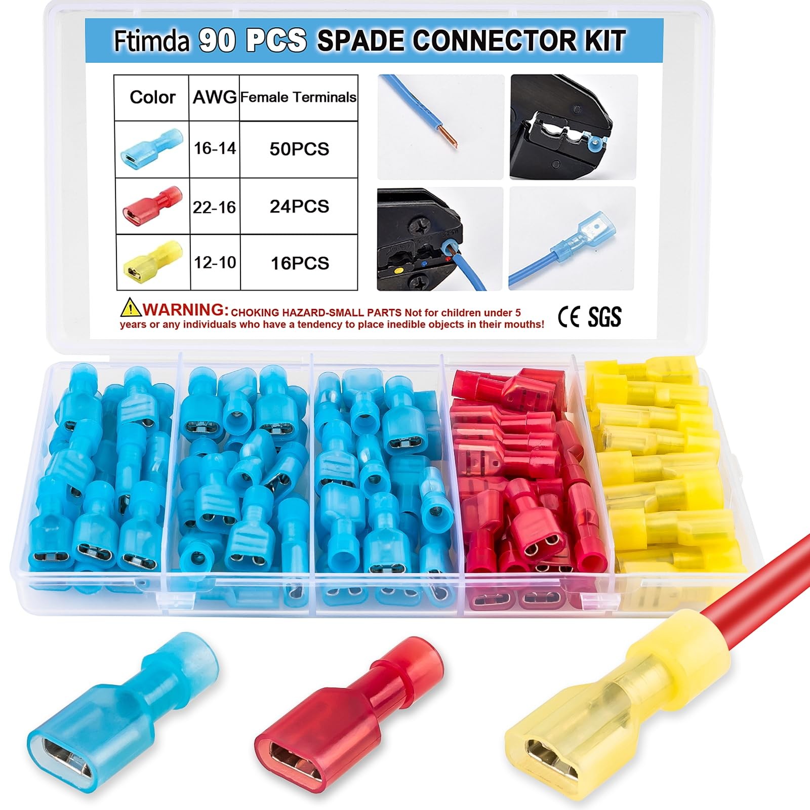Ftimda 90PCS Female Spade Connector Kit, Nylon Wire Red, Blue, Yellow