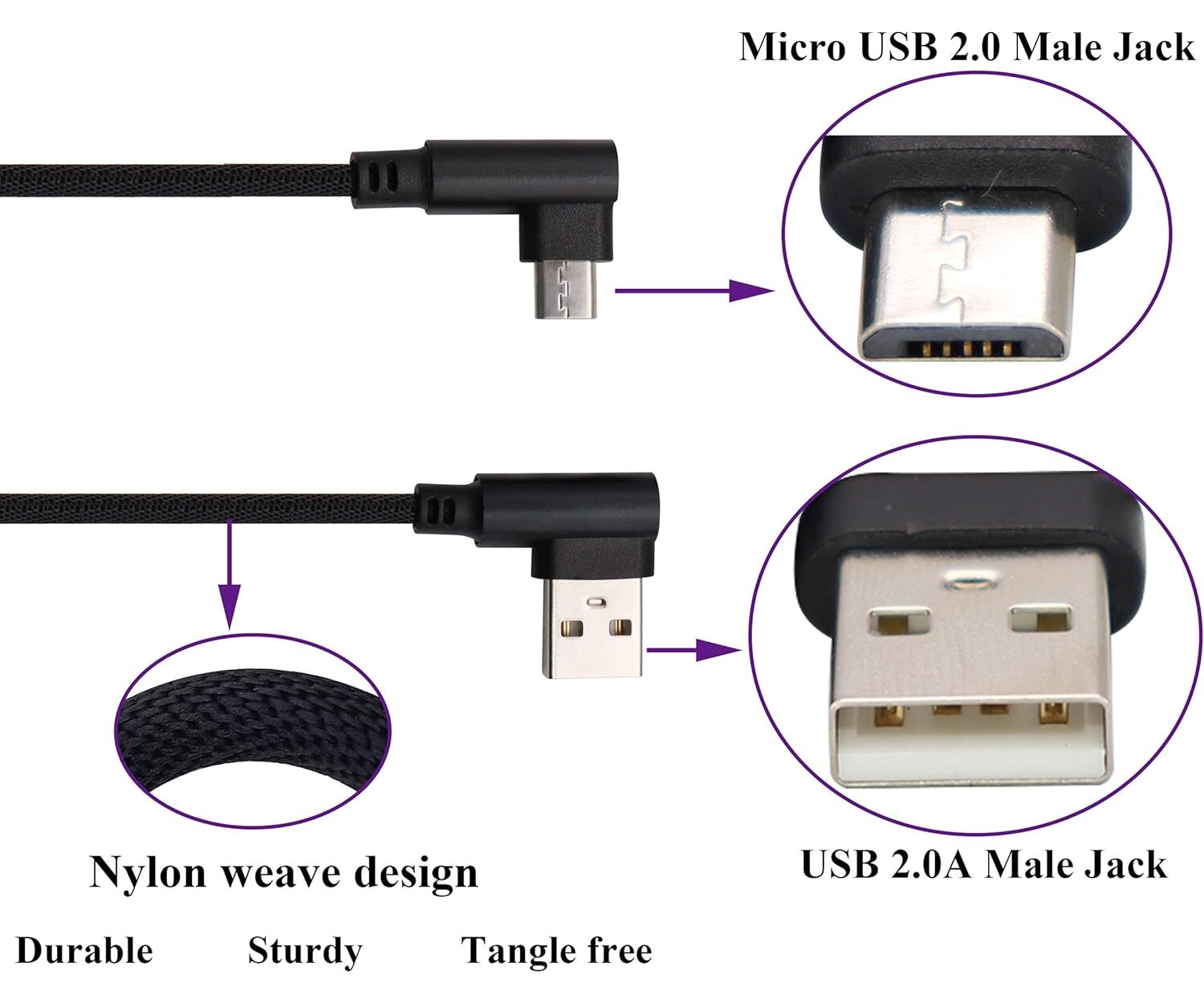 Double 90 Degree Right Angle Micro USB Charge Data Nylon Braided Cable 3/6/10FT
