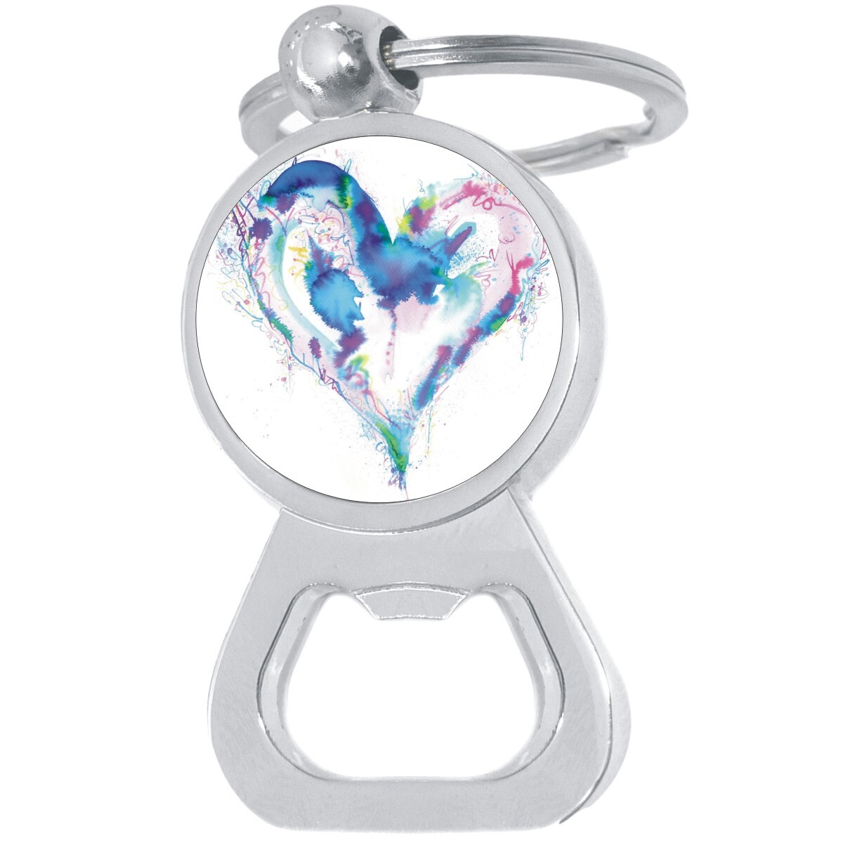 Watercolor Heart Bottle Opener Keychain - Metal Beer Bar Tool Key Ring