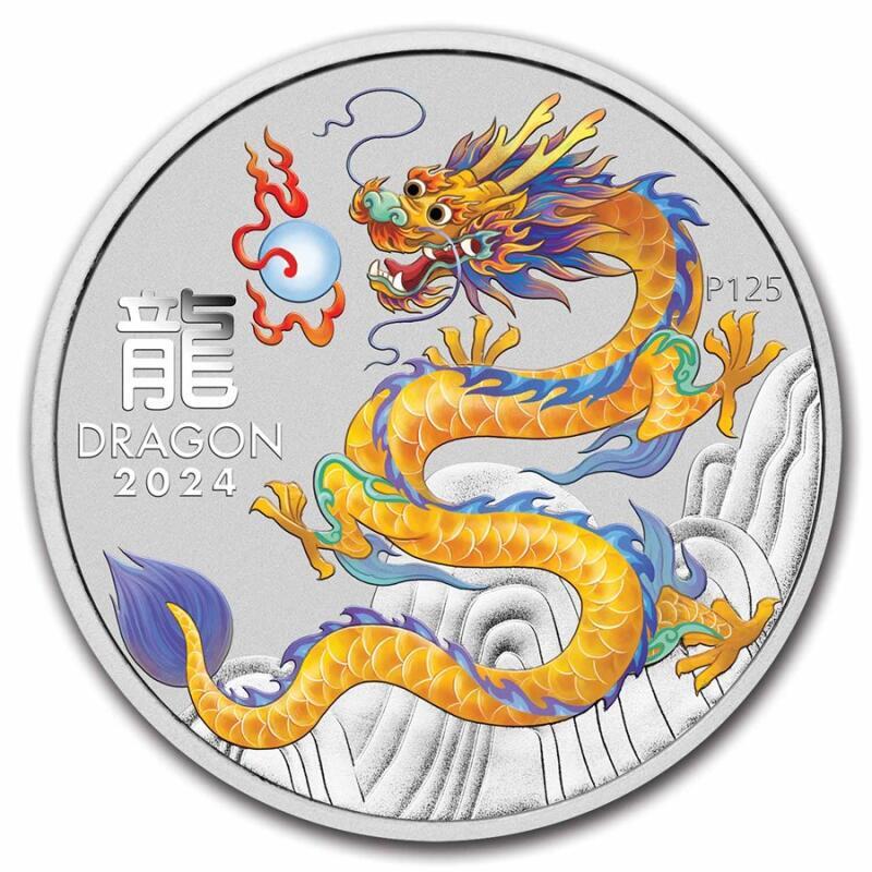 2024 1 oz Australia Silver Lunar Yellow Colorize Dragon BU Series III In Capsule