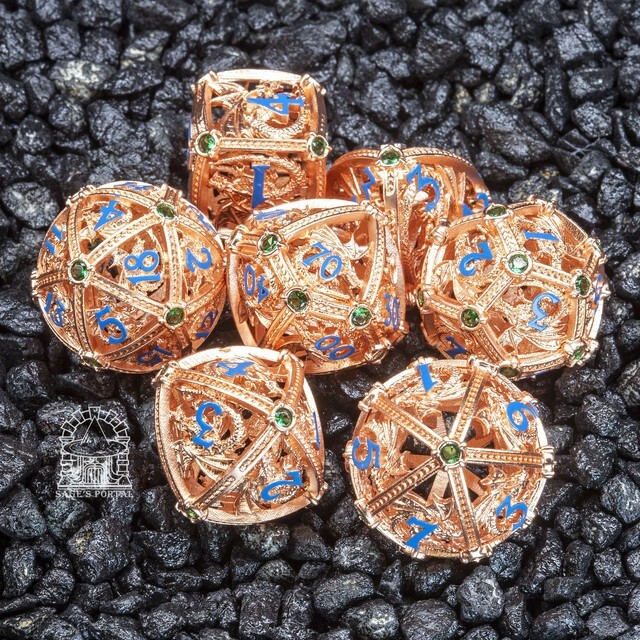 Sage’s Dragon Orb Copper Green Diamond Hollow Metal Polyhedral Dice Set