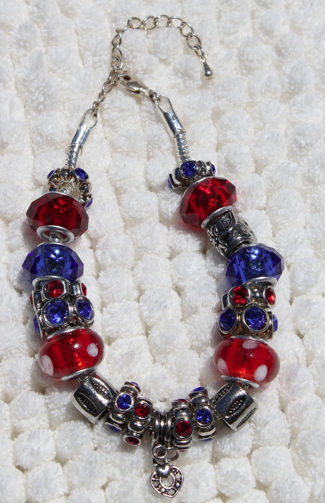 Red White Blue Silver tone Beaded Bracelet Heart Charm Mixed Metals "Handmade"