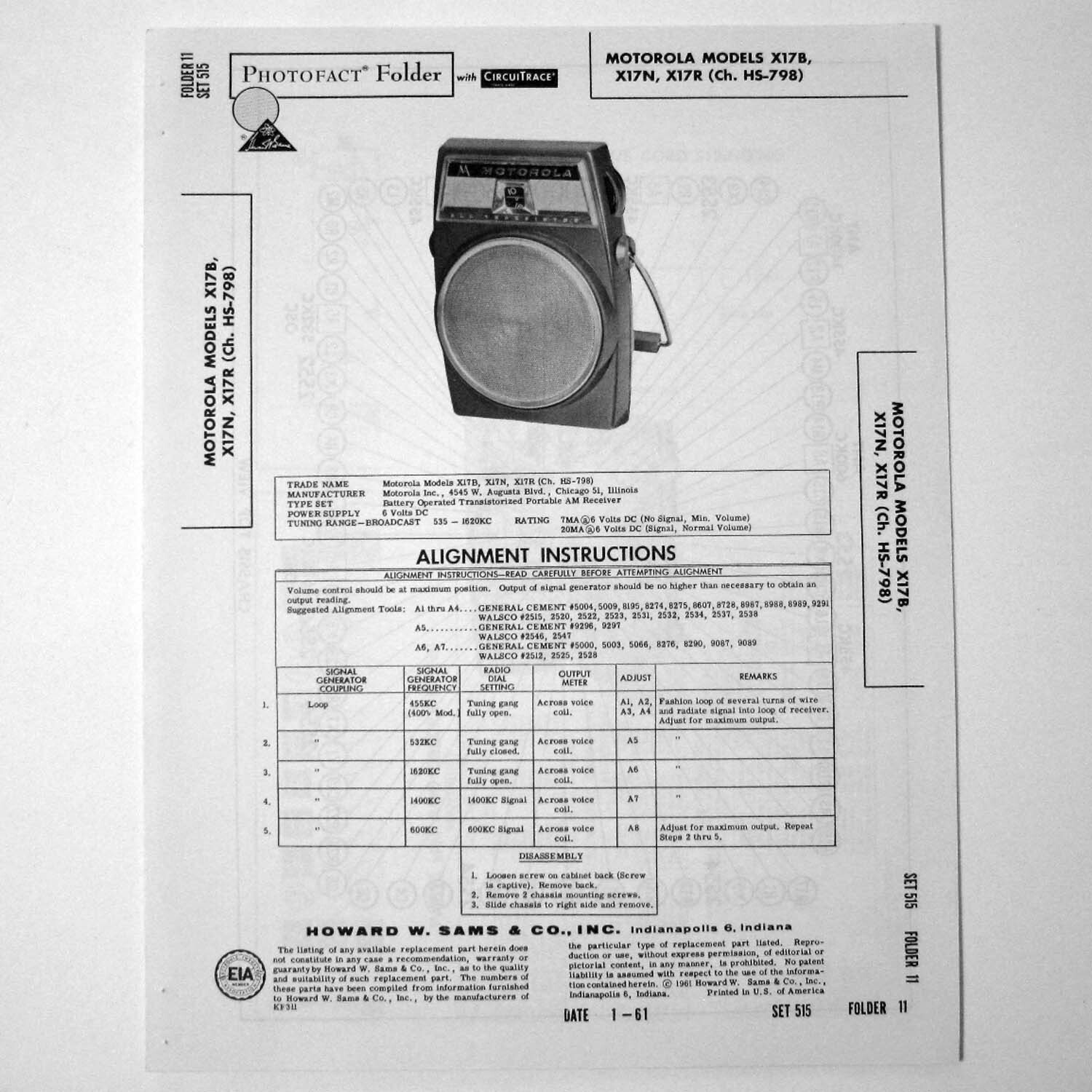 Motorola Models X-17B X-17N X17R Portable AM Radio - SAMS Photofact ™ 1961 - New