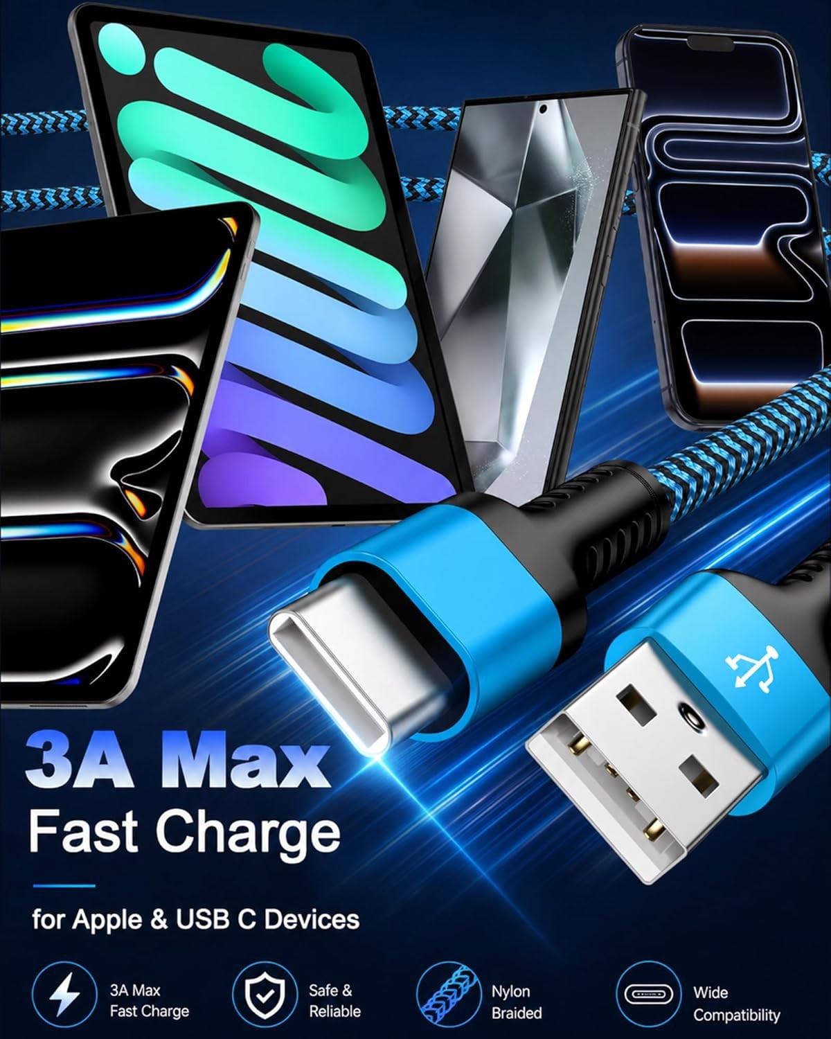 2 Pack USB-A to USB-C Braided Fast Charging CarPlay Cable 3 FT Data Transfer