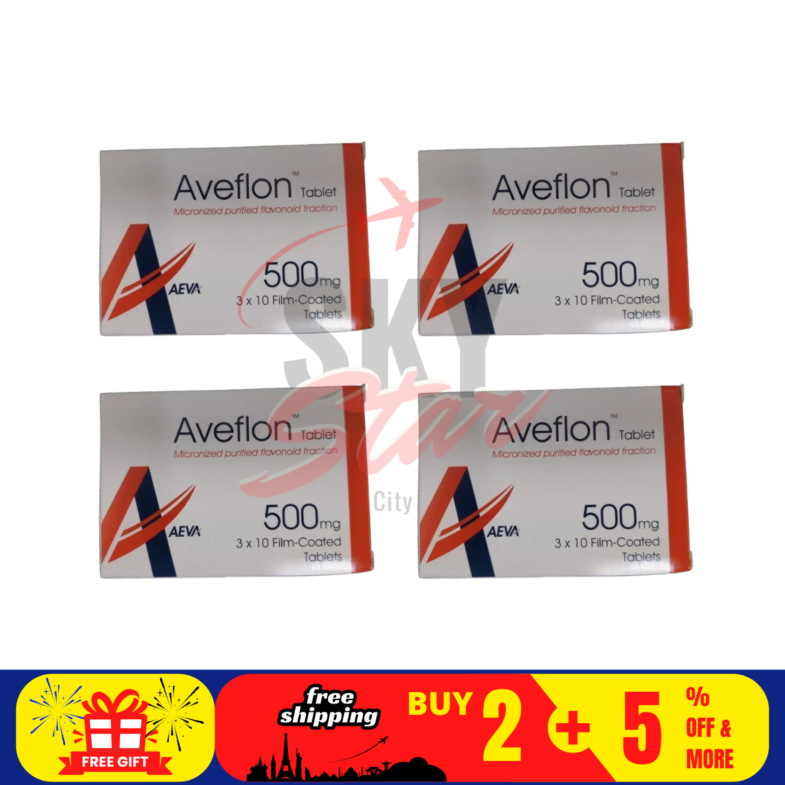 4 X Aveflon 500mg 30's Treatment of Hemorrhoids/Piles Free Shipping