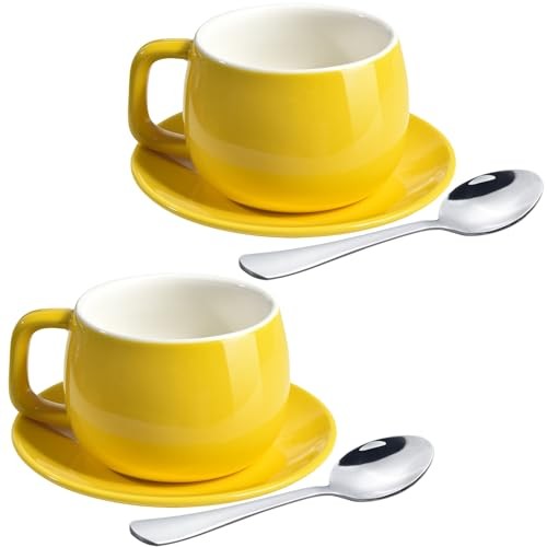 Porcelain Coffee Cup with Saucers and Spoons 270ml/9oz for Latte, Yellow