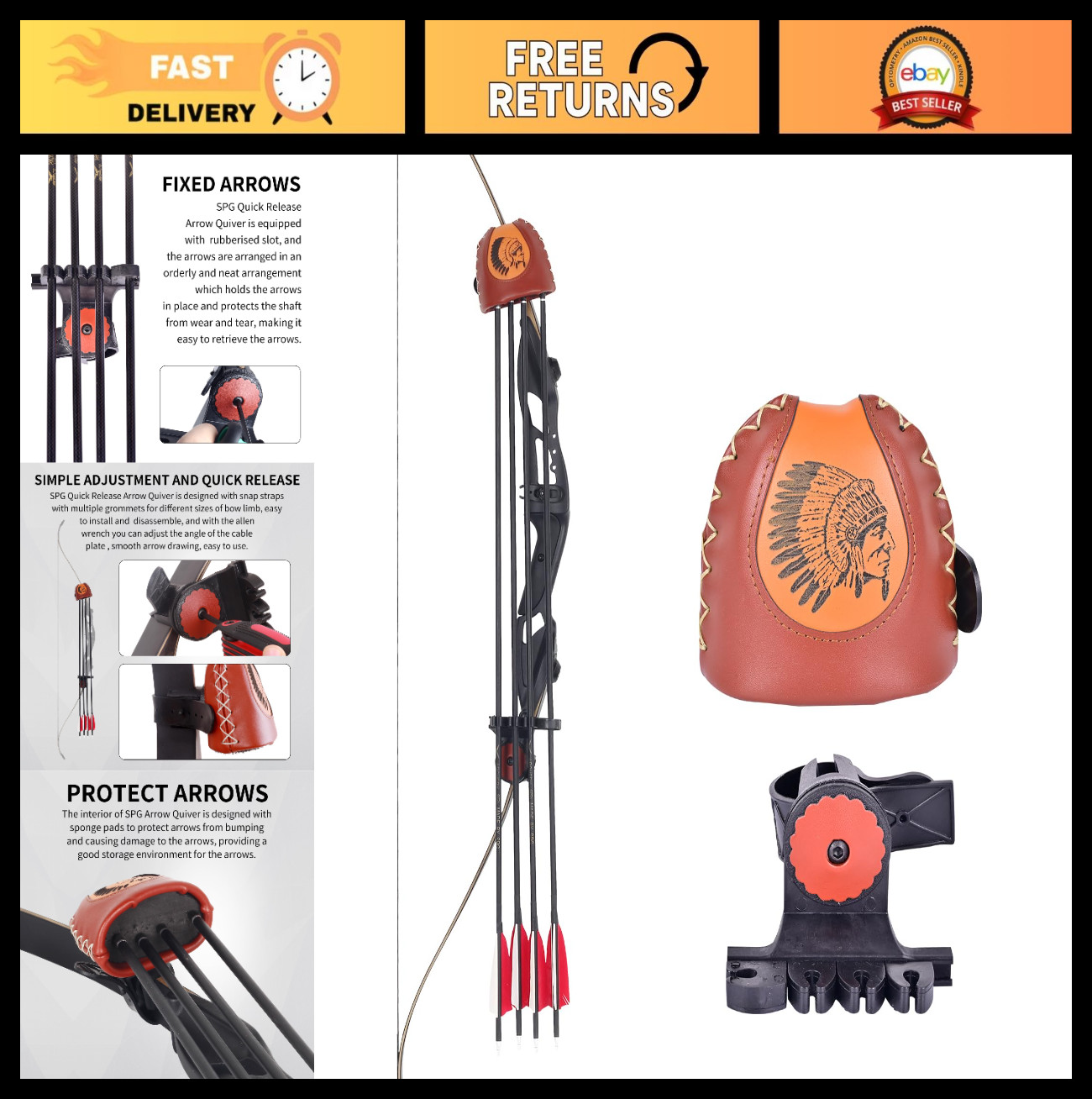 Adjustable Leather Archery Arrow Quiver - Quick Shoot Holder for 4/6 Arrows, Lon