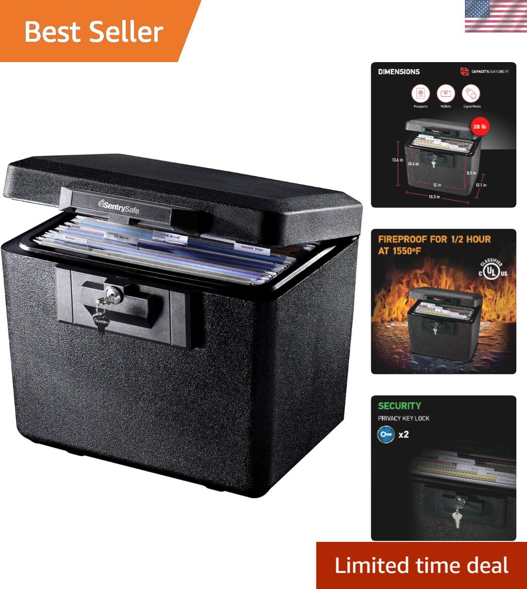 Black Fireproof Document Box with Key Lock, Safe Secures Files and Documents ...