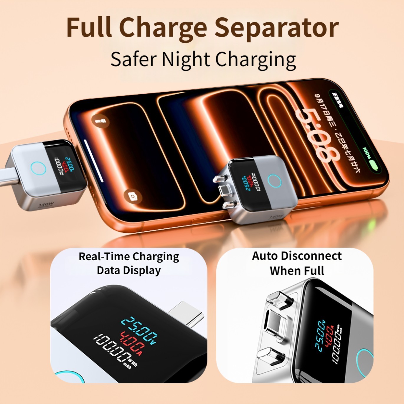 USB C Auto Stop Charging Adapter 140W Real-time Current Voltage Power Display