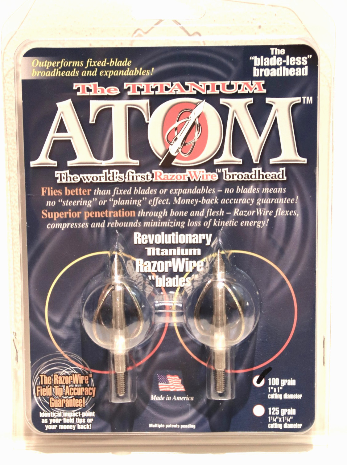 RARE - ATOM TITANIUM RAZOR WIRE Broadheads -100 grains -Pack of 2-SUPER ACCURATE