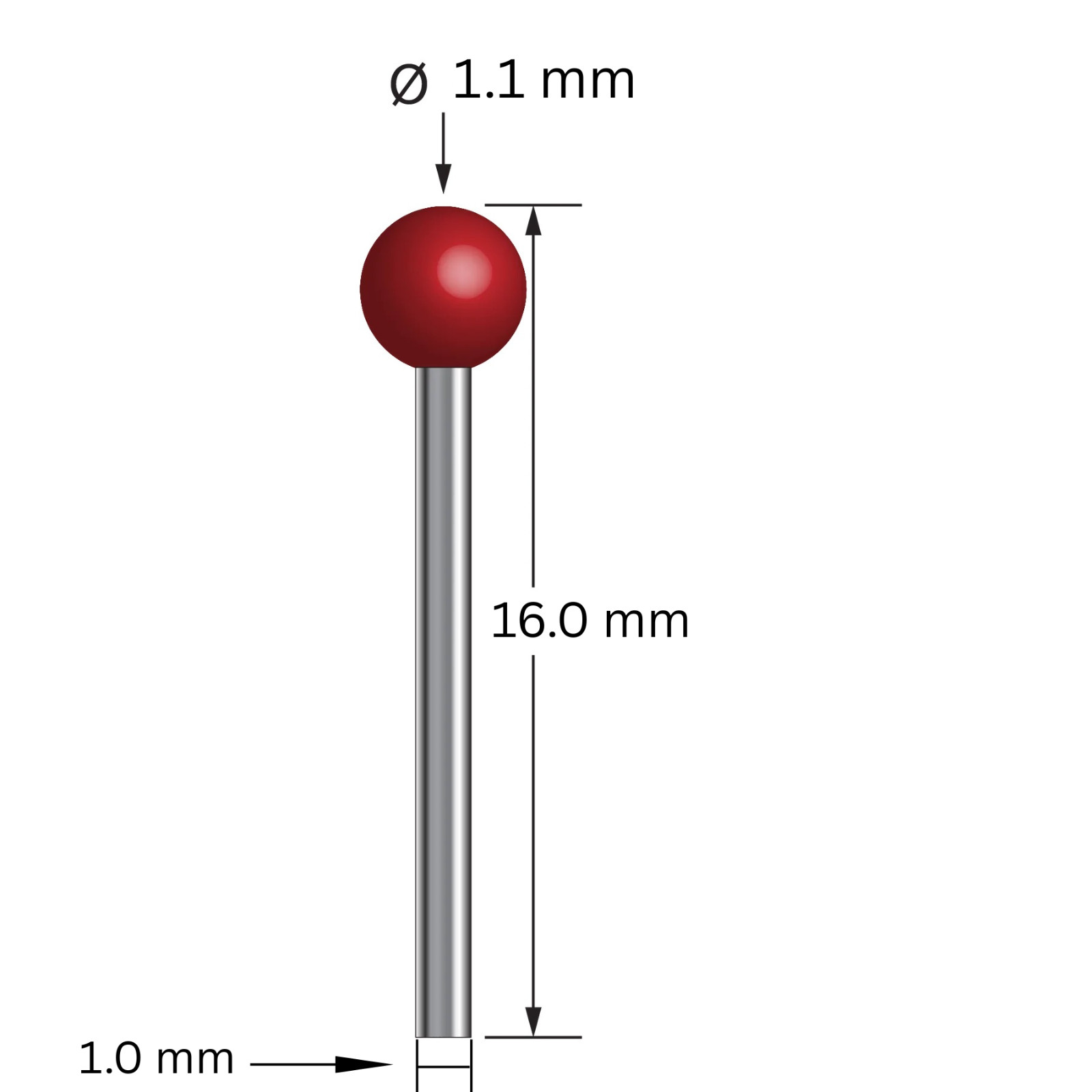 Precision CMM Stylus, Threadless - 1.1mm Ruby Tip, 1.0mm Shaft, 16mm Length