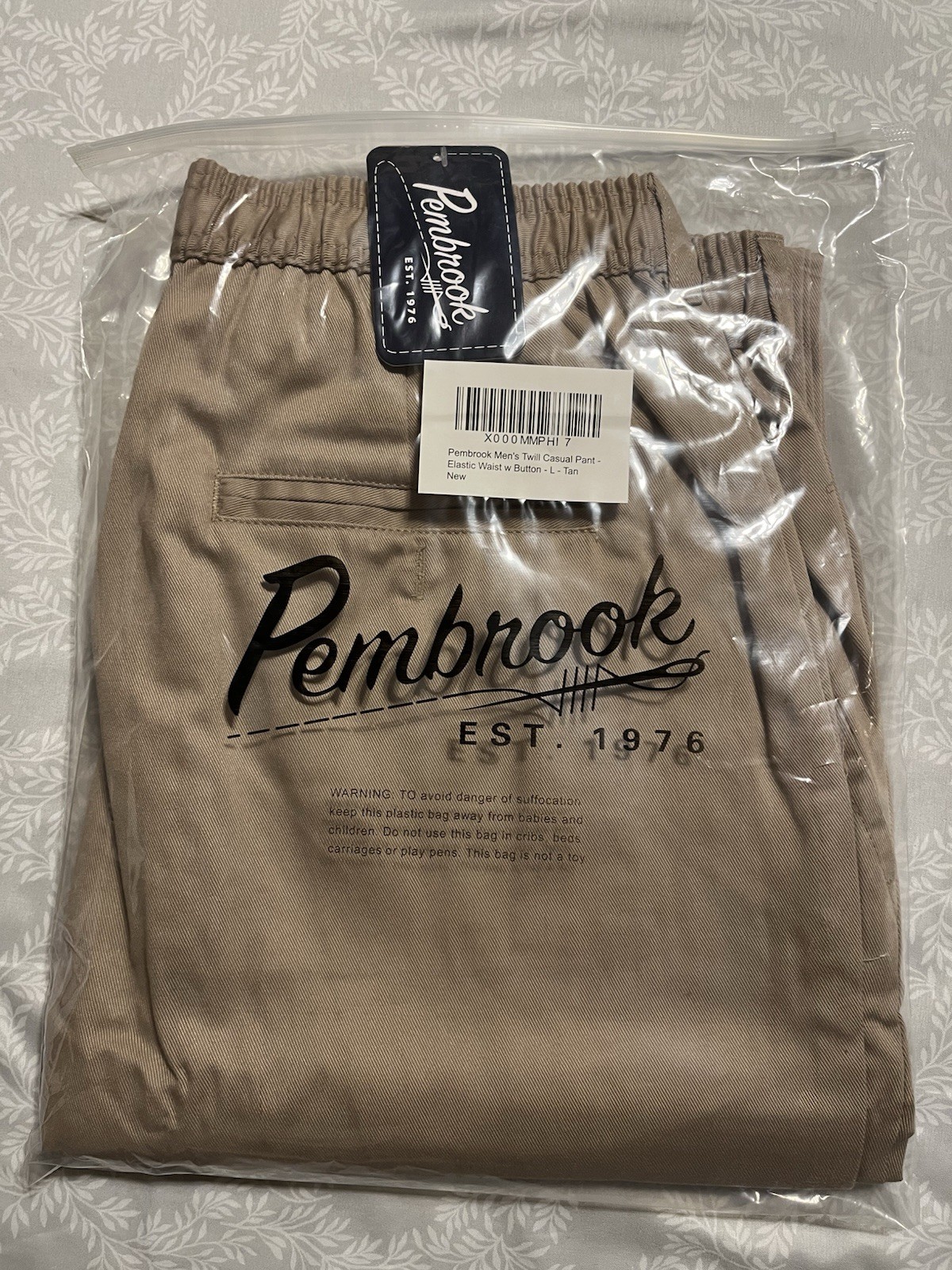 Pembrook Men’s Twill Casual Pants Elastic Waist W Button-Large Tan New