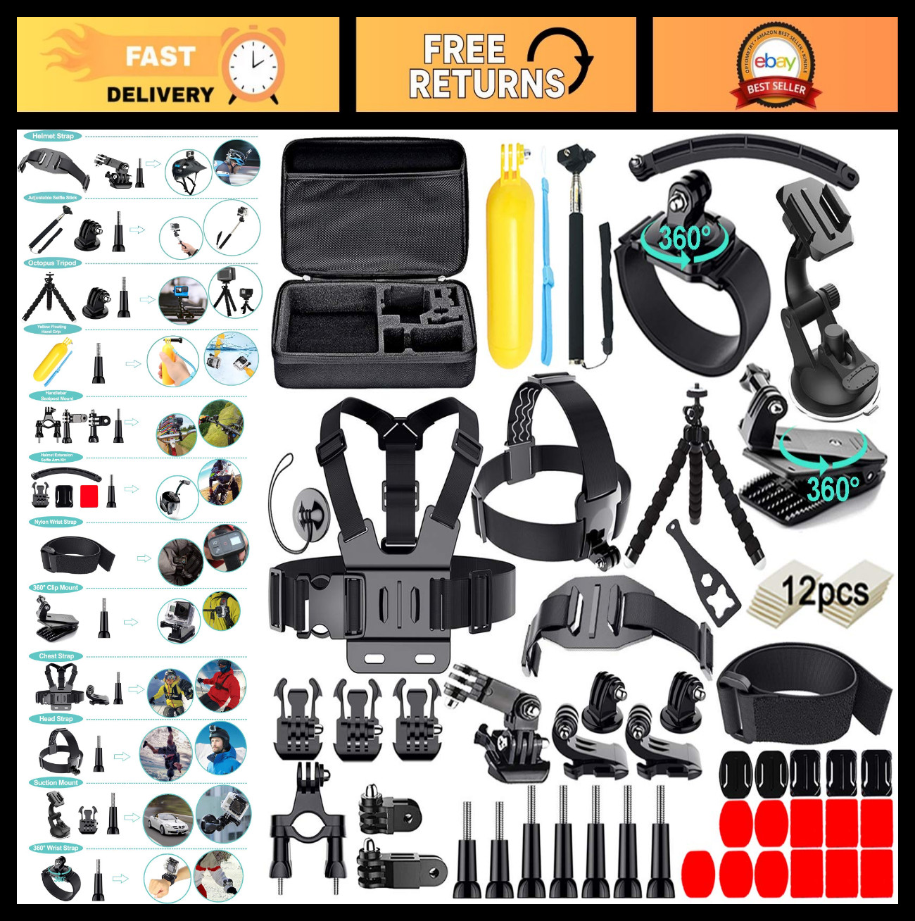 61-in-1 Action Camera Accessory Kit for GoPro, Insta360, DJI Osmo, AKASO & More