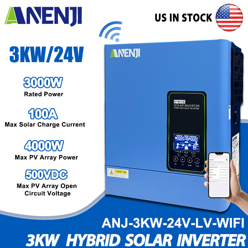 3KW 24V Solar Inverter Hybrid Off Grid 110V/120V MPPT 100A Charger Controller US