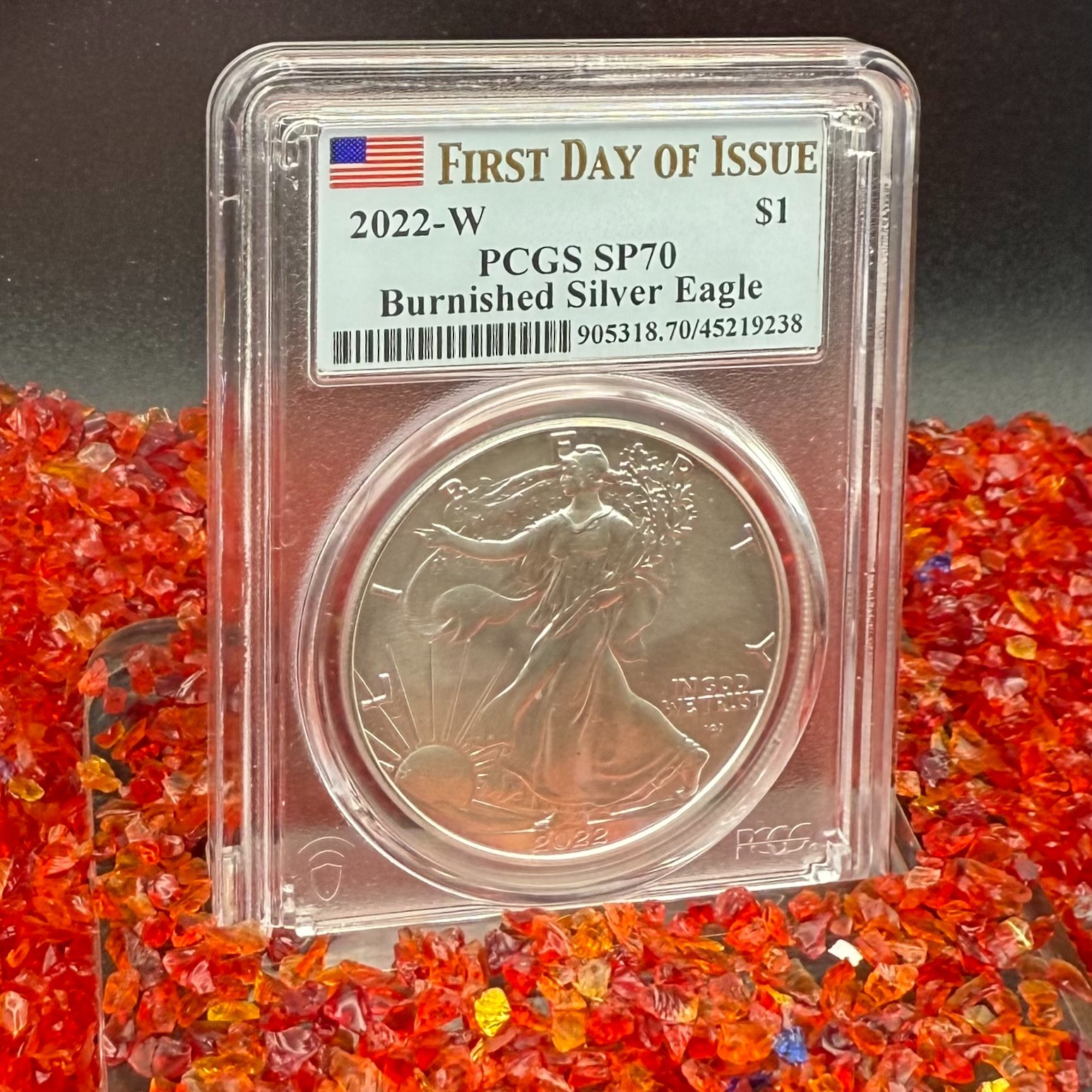 Burnished 2022 W $1 Silver Eagle PCGS SP70 FDOI Flag Label 1 of 2,030 Mint