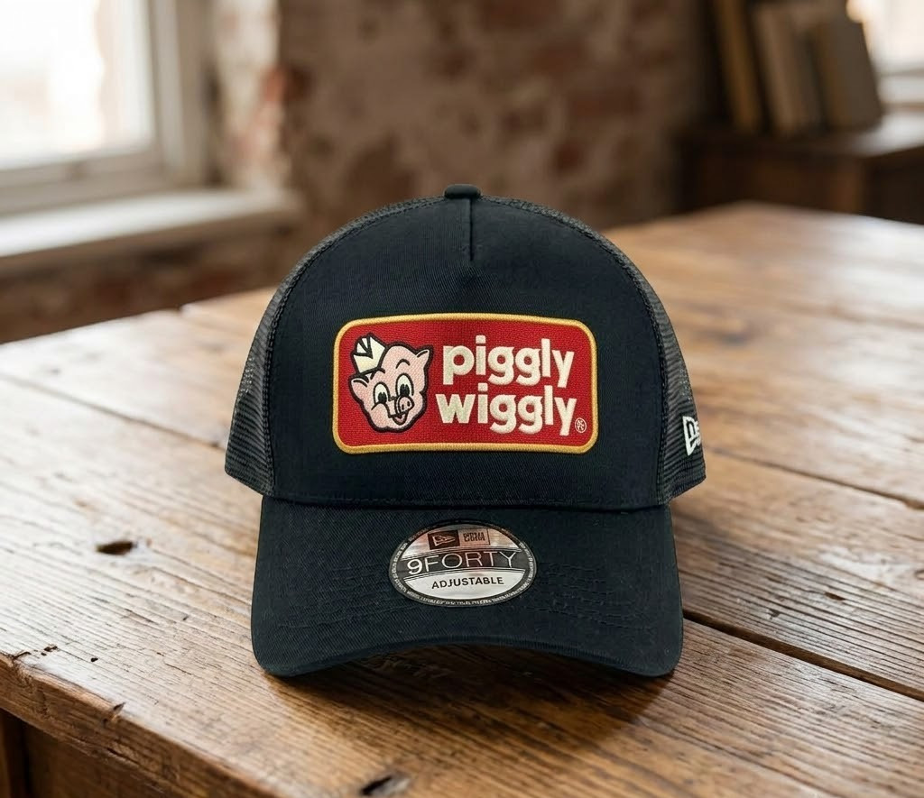 Piggly Wiggly Trucker Hat Black Mesh Adjustable Cap Embroidered