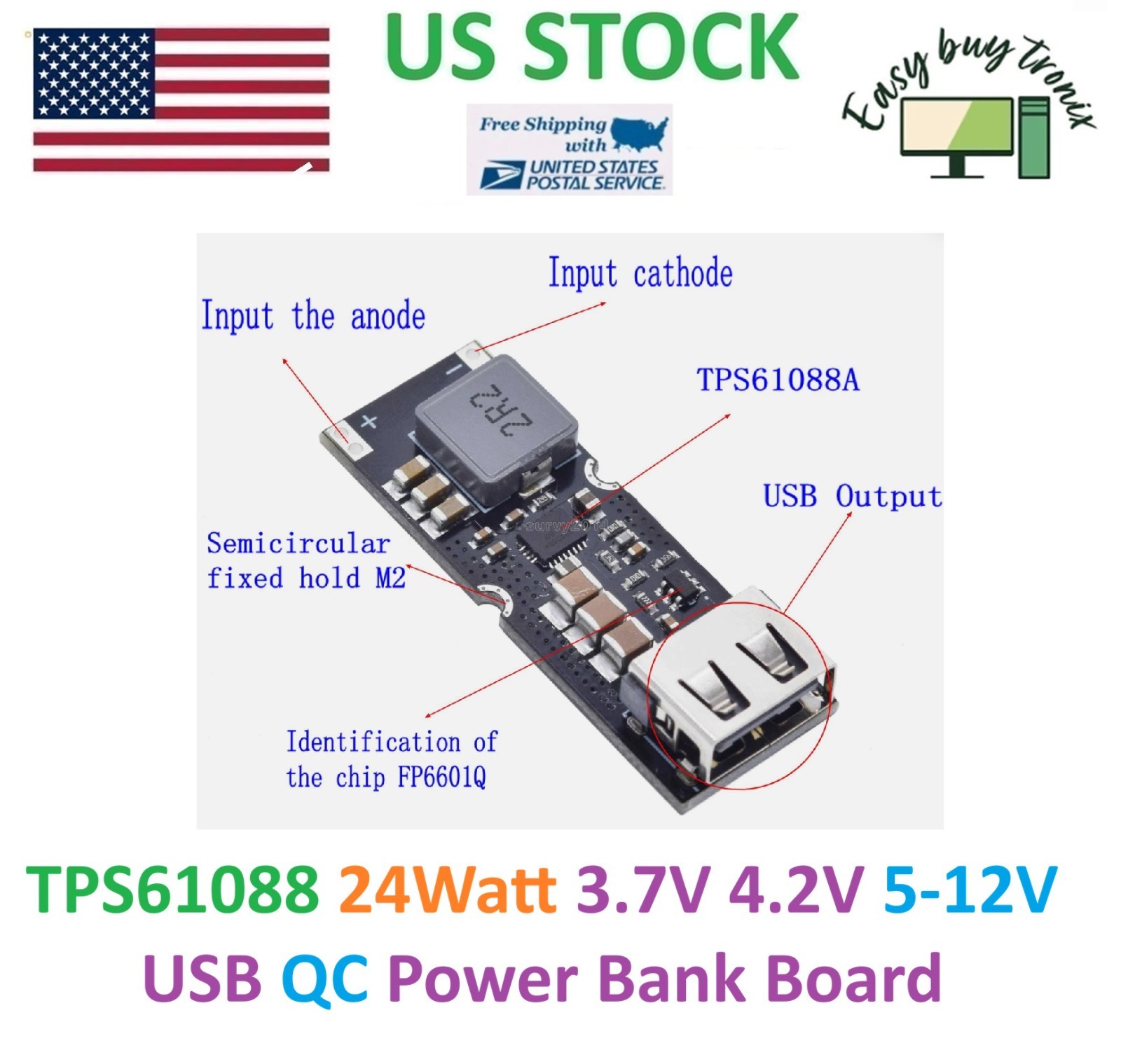TPS61088 3.7V 4.2V 5/9/12V USB QC Lithium Battery Boost Power Module Board