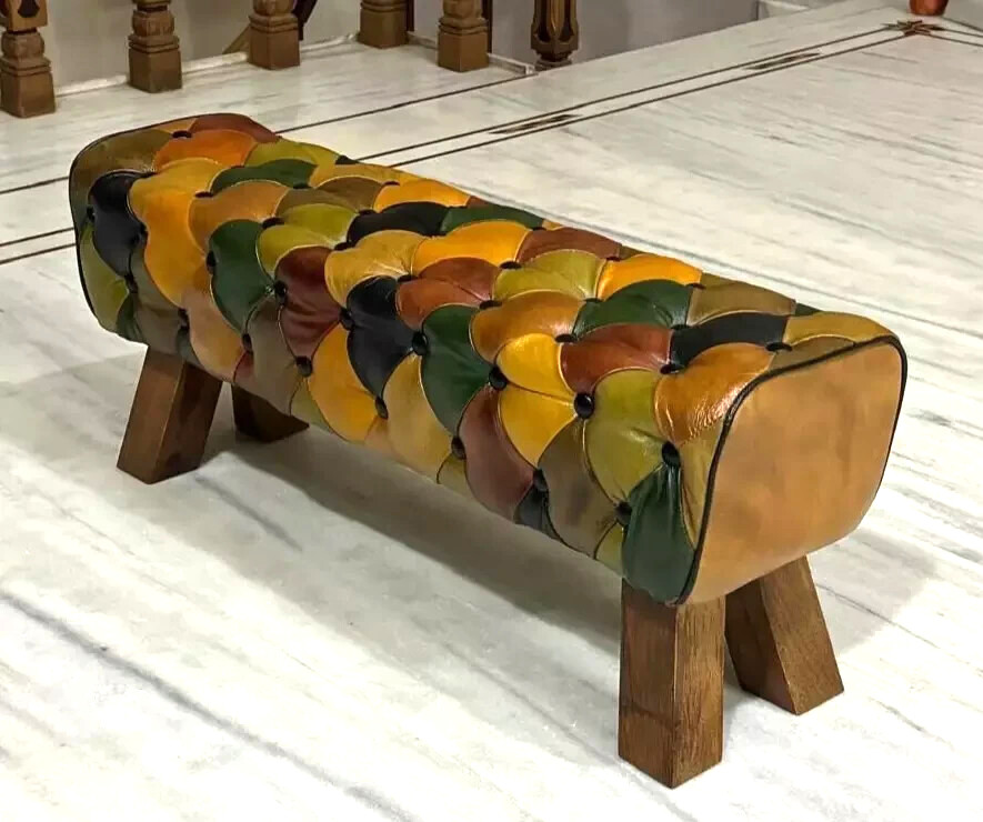 Modern Handmade Ottoman Leather Bench Vintage Bohemian Style Solid Wood