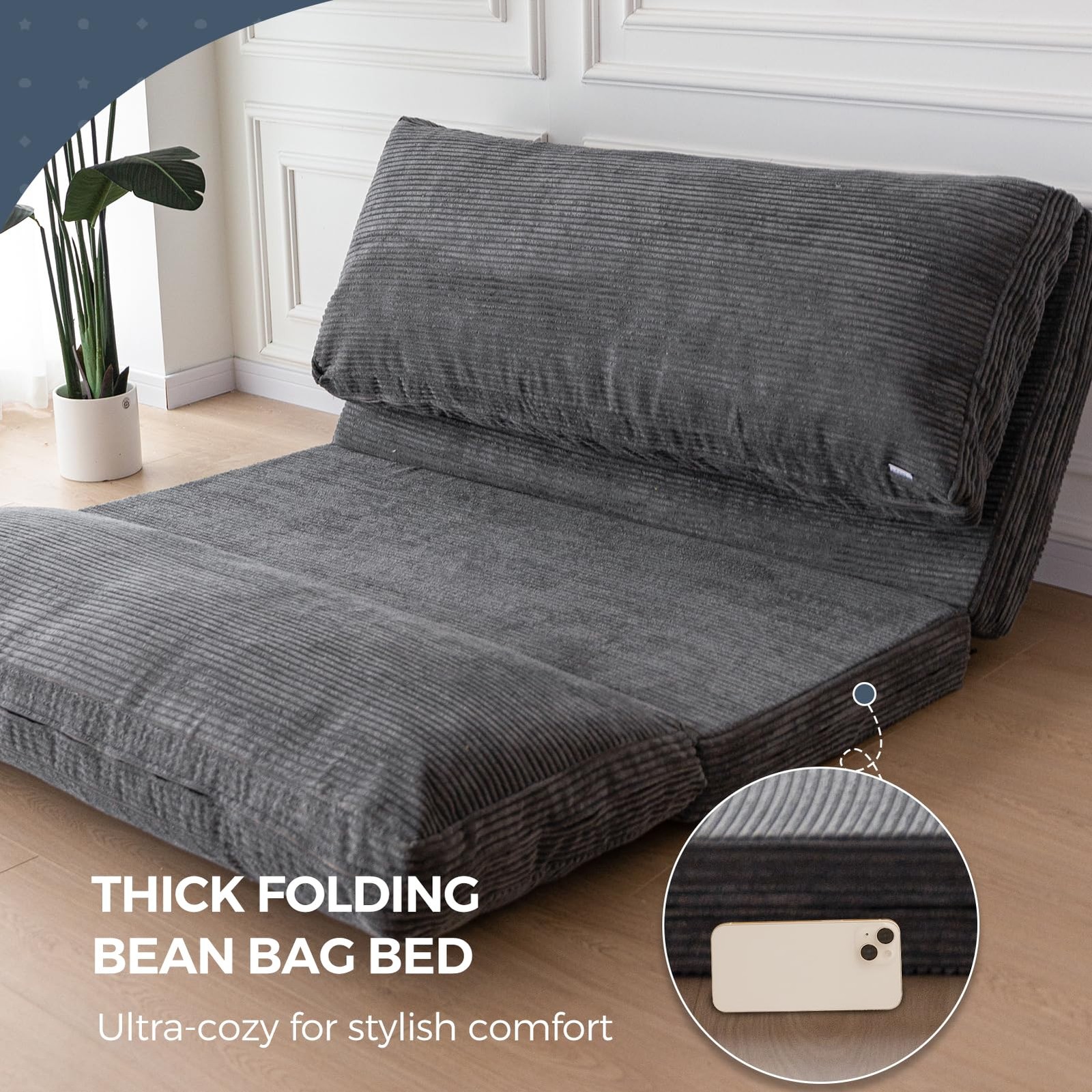 Folding Sofa Bed, Extra Thick and Long Floor Sofa Convertible Sleeper Chair w...