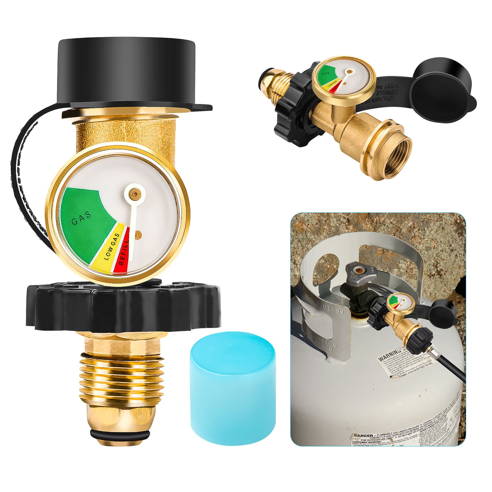 Propane Tank Gauge Brass Adapter w/Gas Pressure Level Meter Indicator for BBQ RV