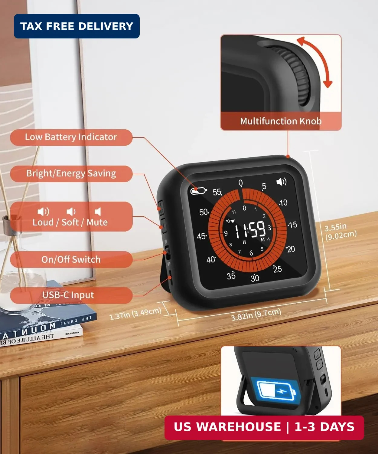 Digital Visual Timer - Large Display Magnetic Countdown Timer with Adjustable Vo
