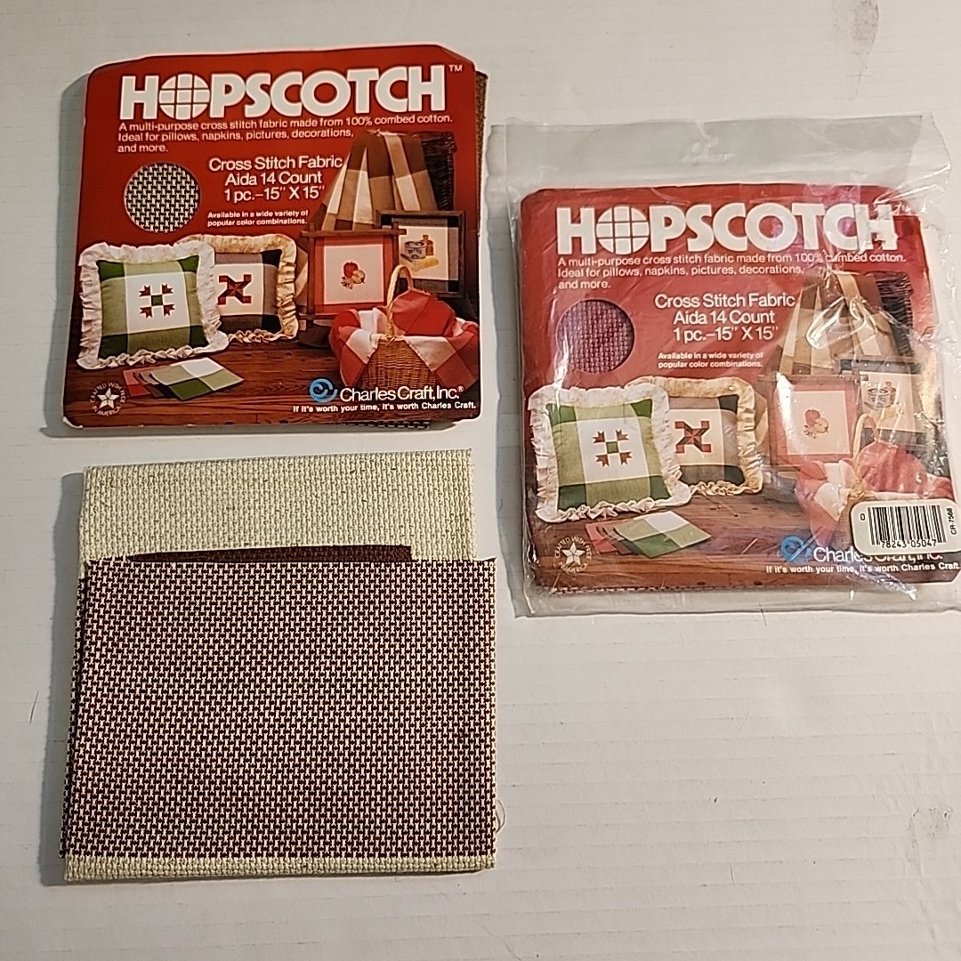 Vtg Charles Craft Hopscotch Cross Stitch Fabric 14ct 15x15 3pks Brown Pink Cream