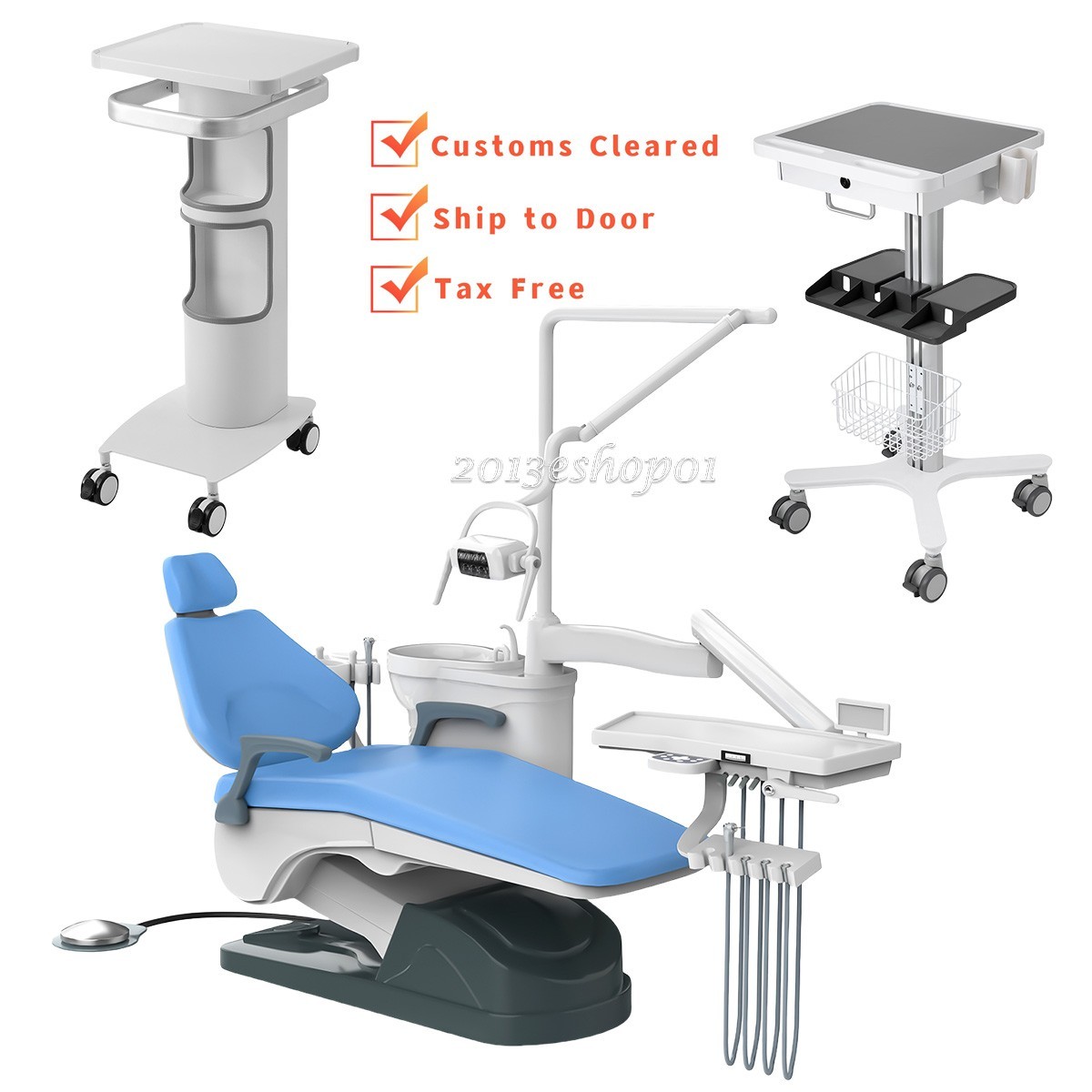 Dental Unit Chair Computer Controlled Blue /Rolling Cart Trolley Built-in Plug