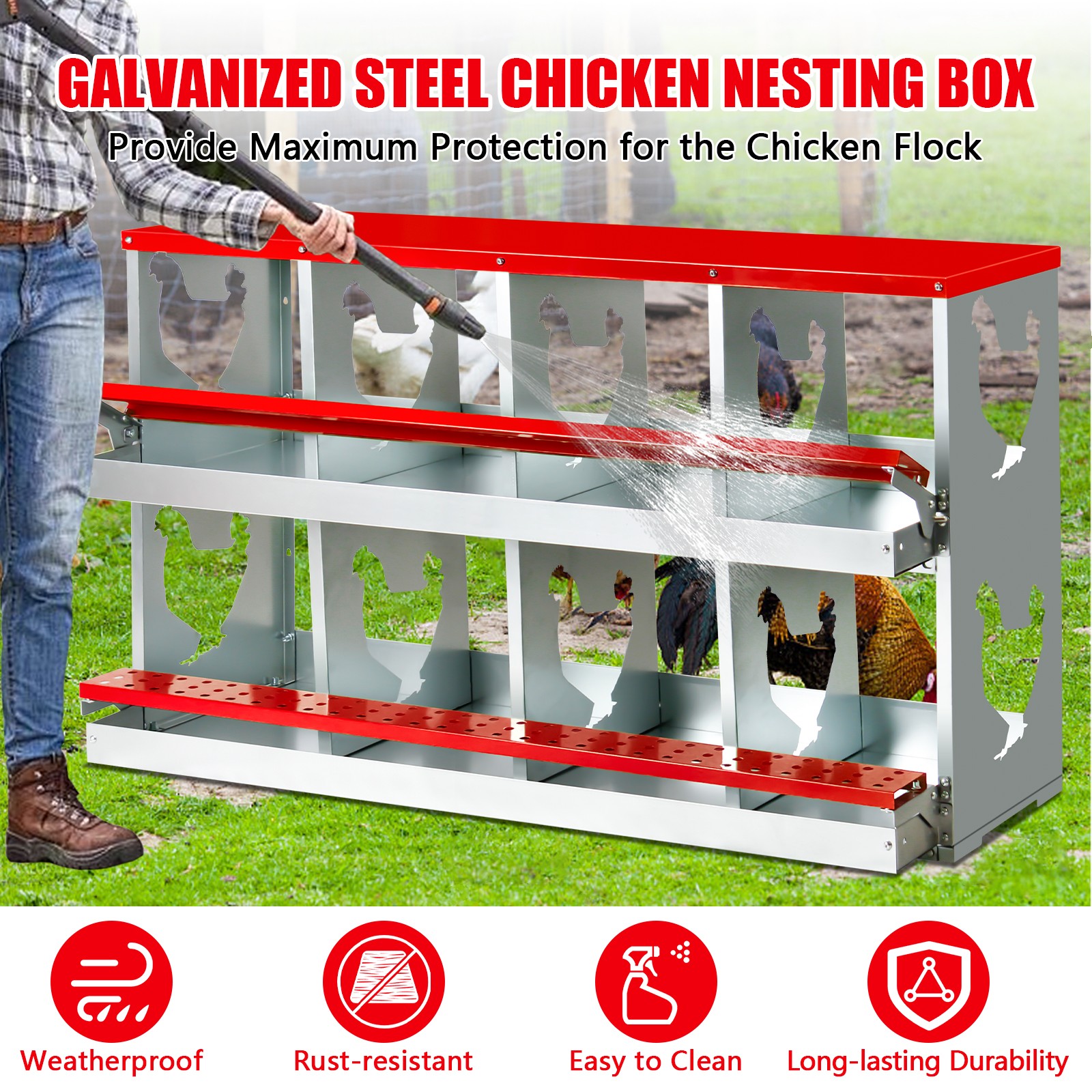 Chicken Nesting Box for Laying Eggs,Wall-Mountable Chicken Coop (RED,10 HLOES)