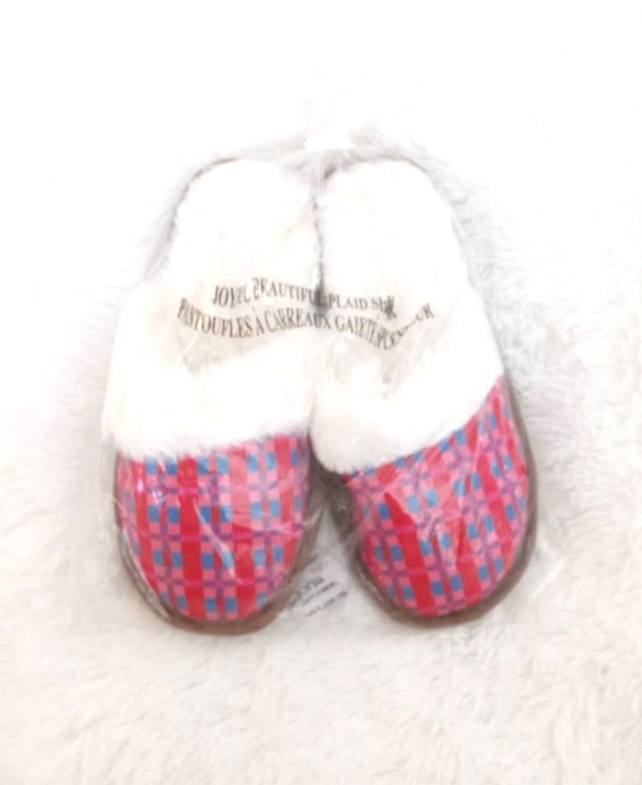 Joyful Beautiful Plaid Fur Lined Slippers (Size Small / 5-6) Multicolored ~ NEW