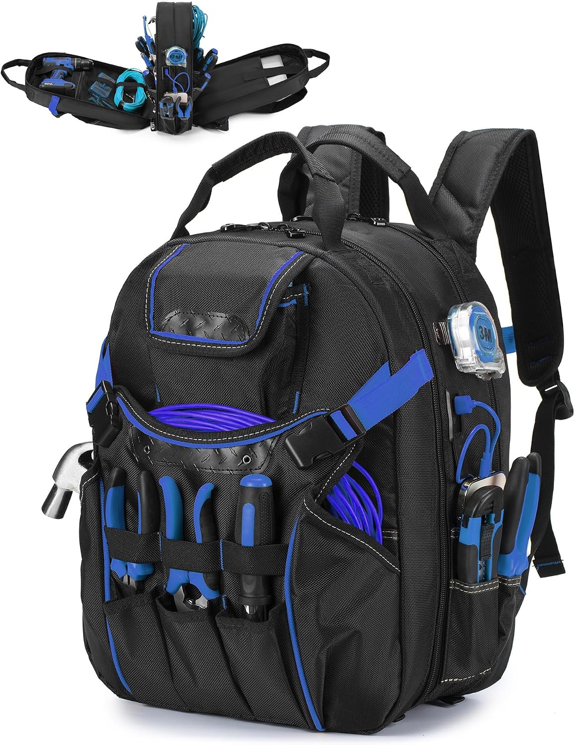 Heavy Duty Tool Bag Backpack with USB Port - Water Resistant Storage (Blue)