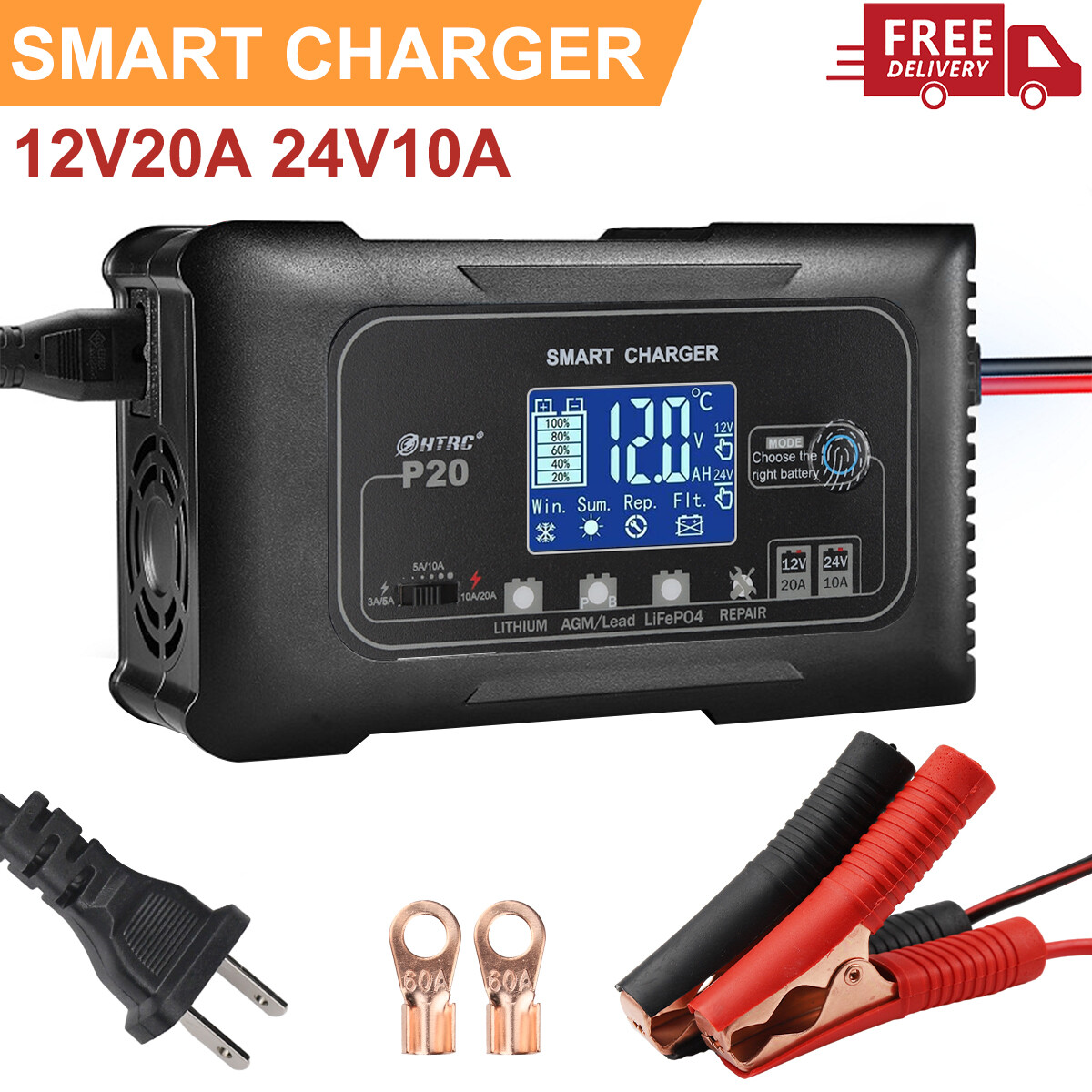 20Amp 12V/24V Smart Car Battery Charger for LiFePo4 Lead Acid GEL Battery Repair