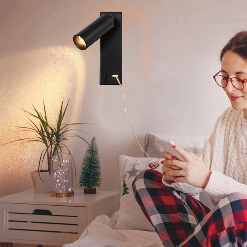 COB LED Bedside Light Wall Lamp Fixture USB Charging Port Switch Surface Mounted