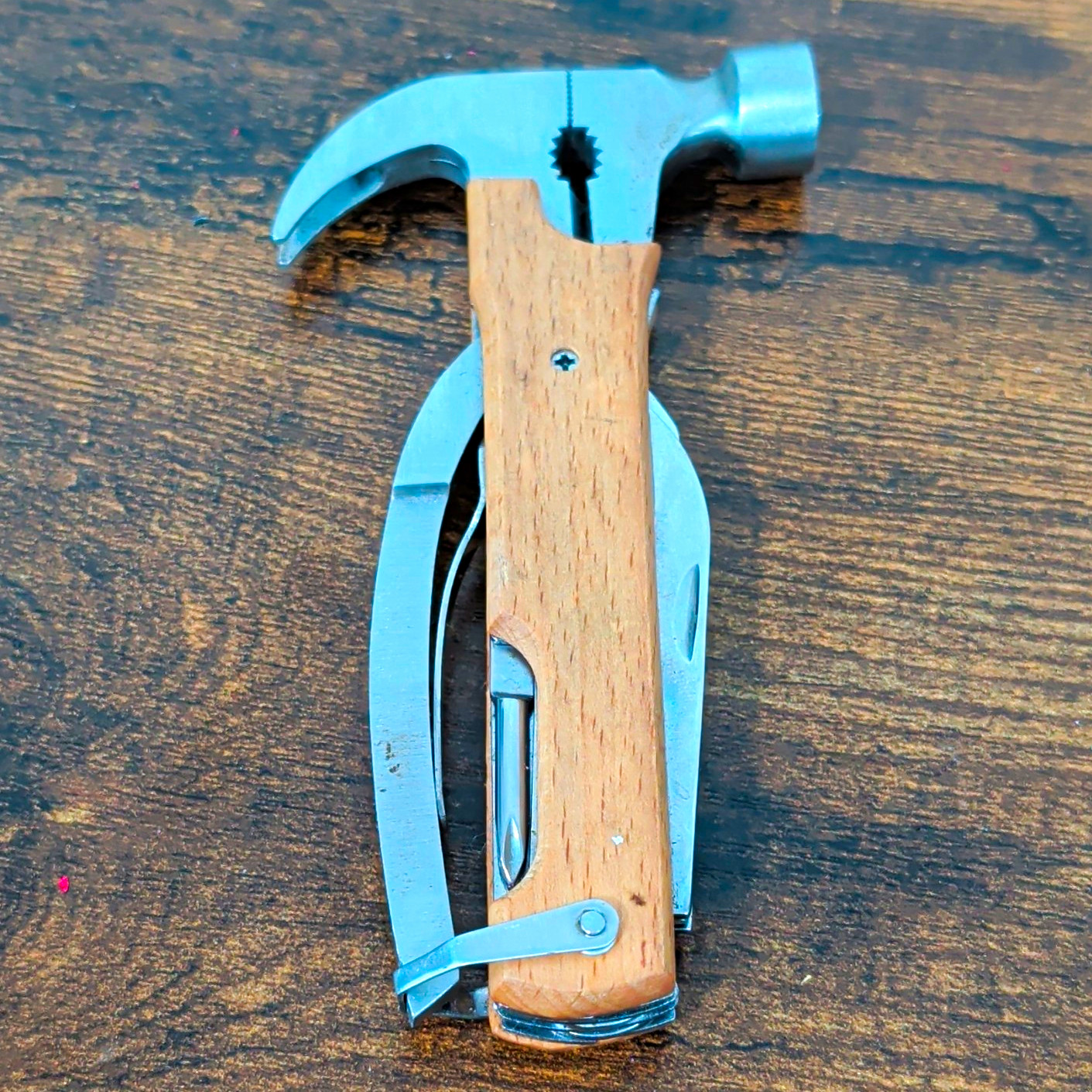 Hammer Head Multi-Tool Folding Pocket Knife w/ Saw, Wood Handle, SS Blade