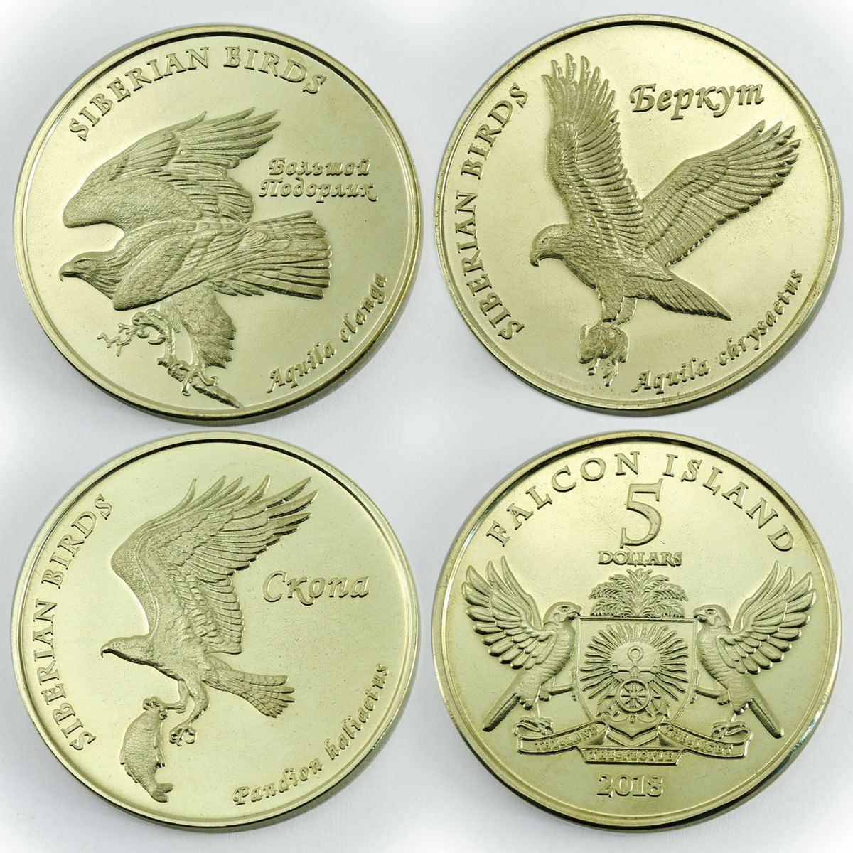 Falcon Island 5 dollars set of 3 coins Siberian birds 2018