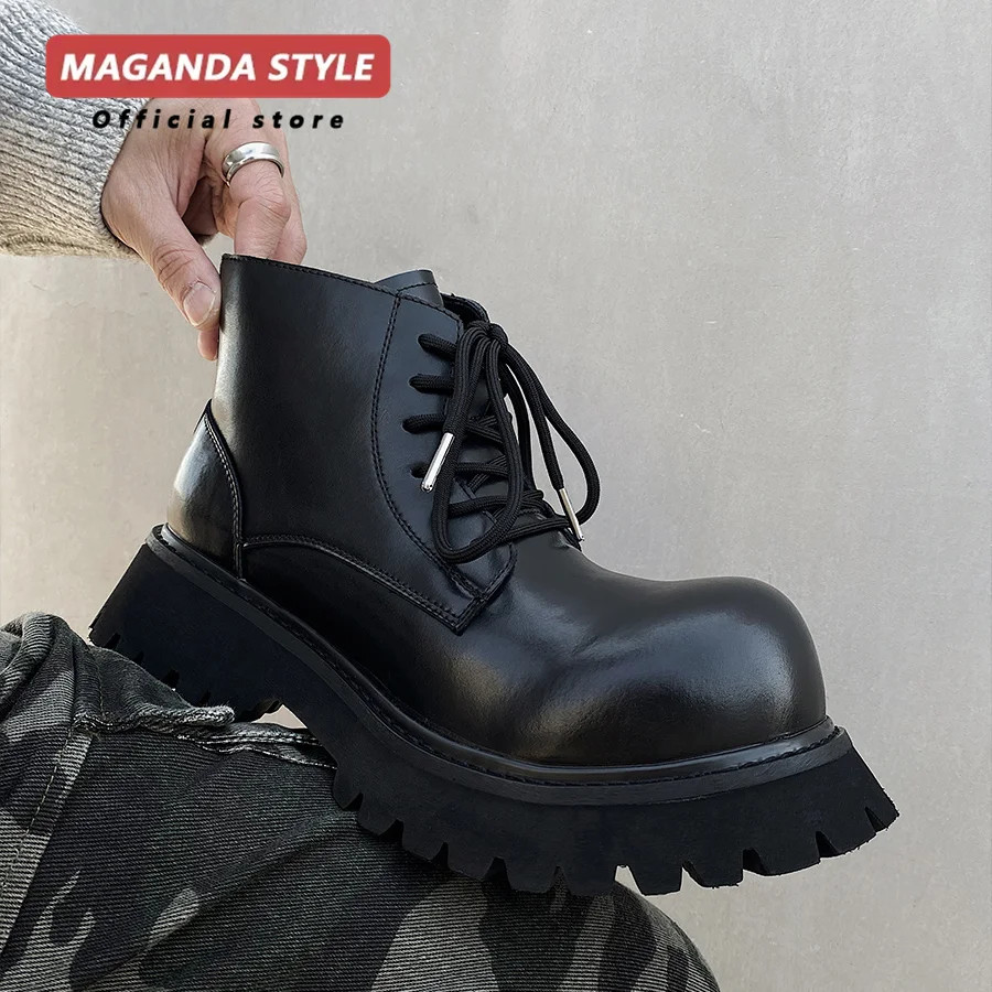 Big Head Short Boots Men Niche American Retro Height Increasing Workwear Black