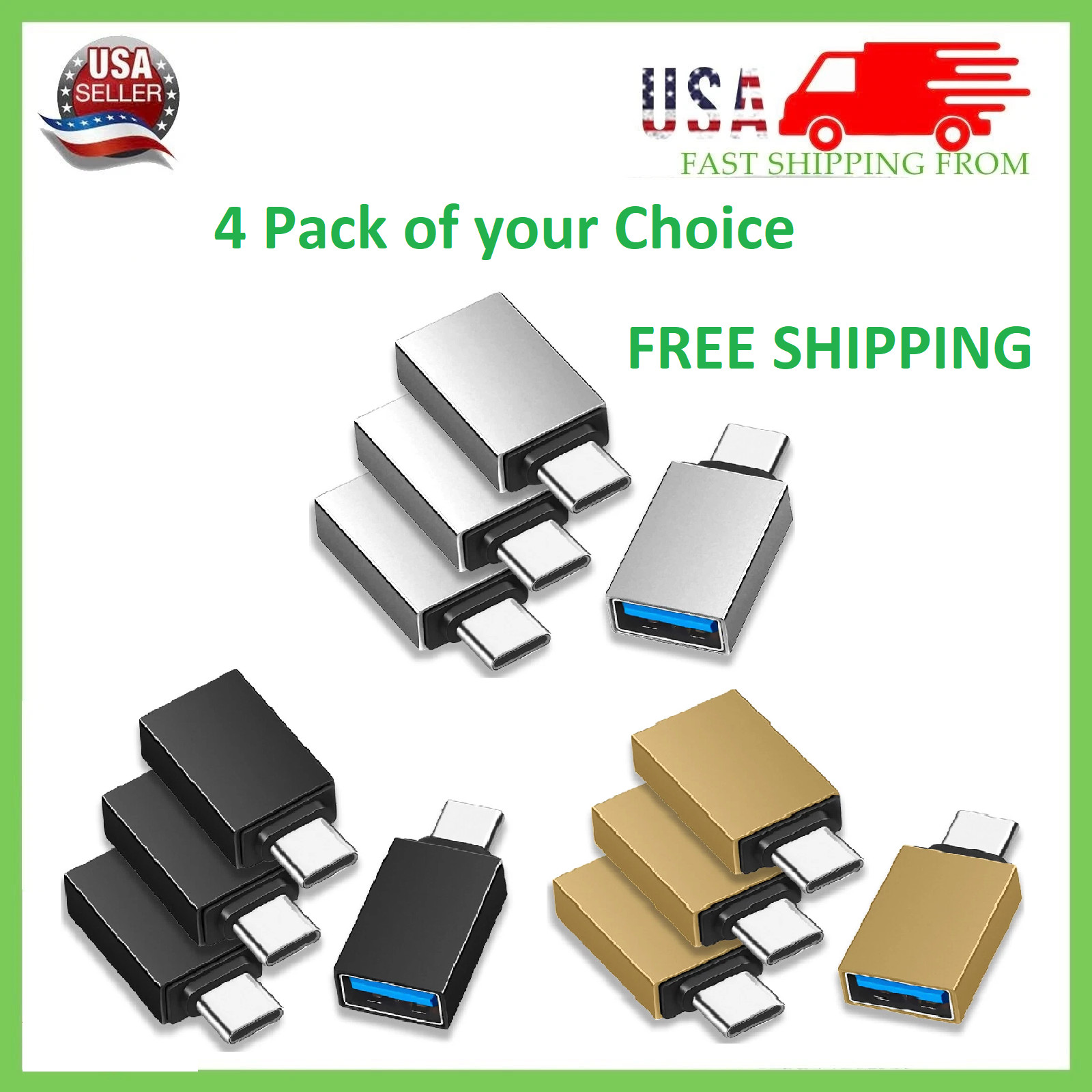 4 Pack USB-C 3.1 Male to USB A Female Adapter Converter OTG Type C Android Phone