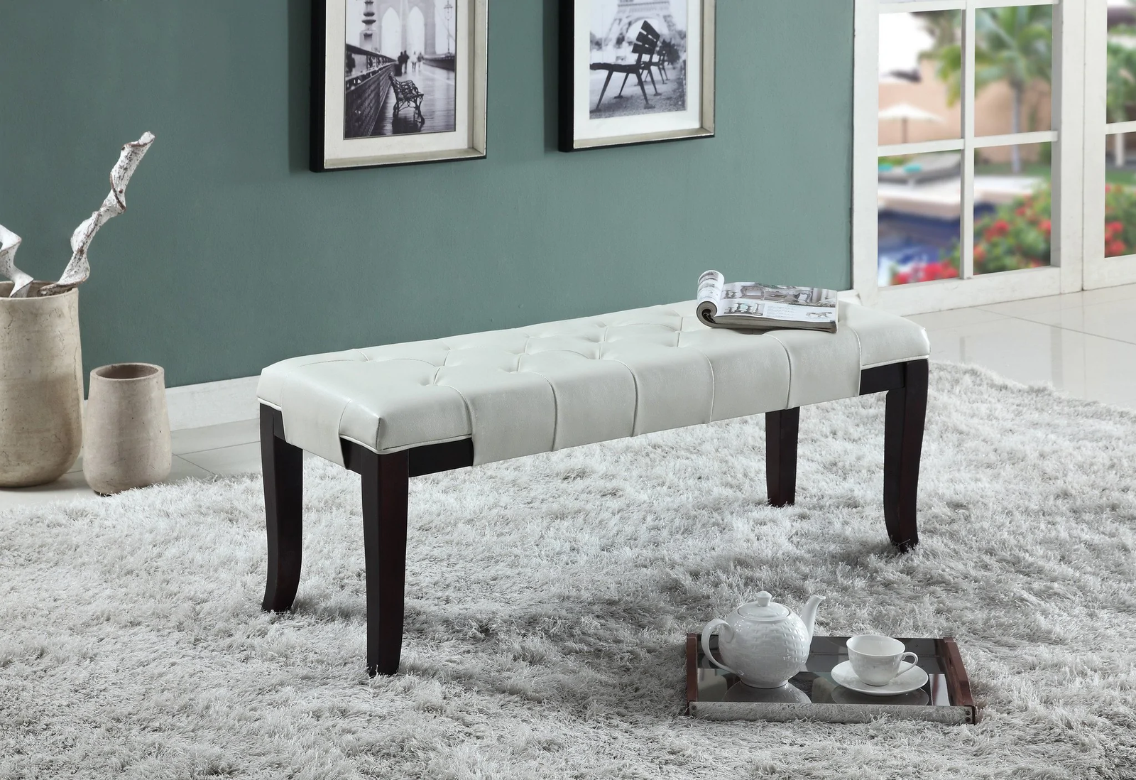 Linon White Leather Tufted Ottoman Bench