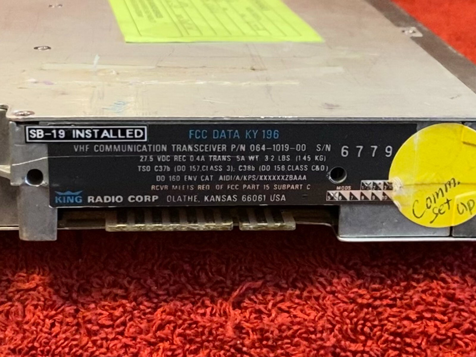 KING KY 196 VHF COMM TRANSCEIVER P/N 064-1019-00 CORE