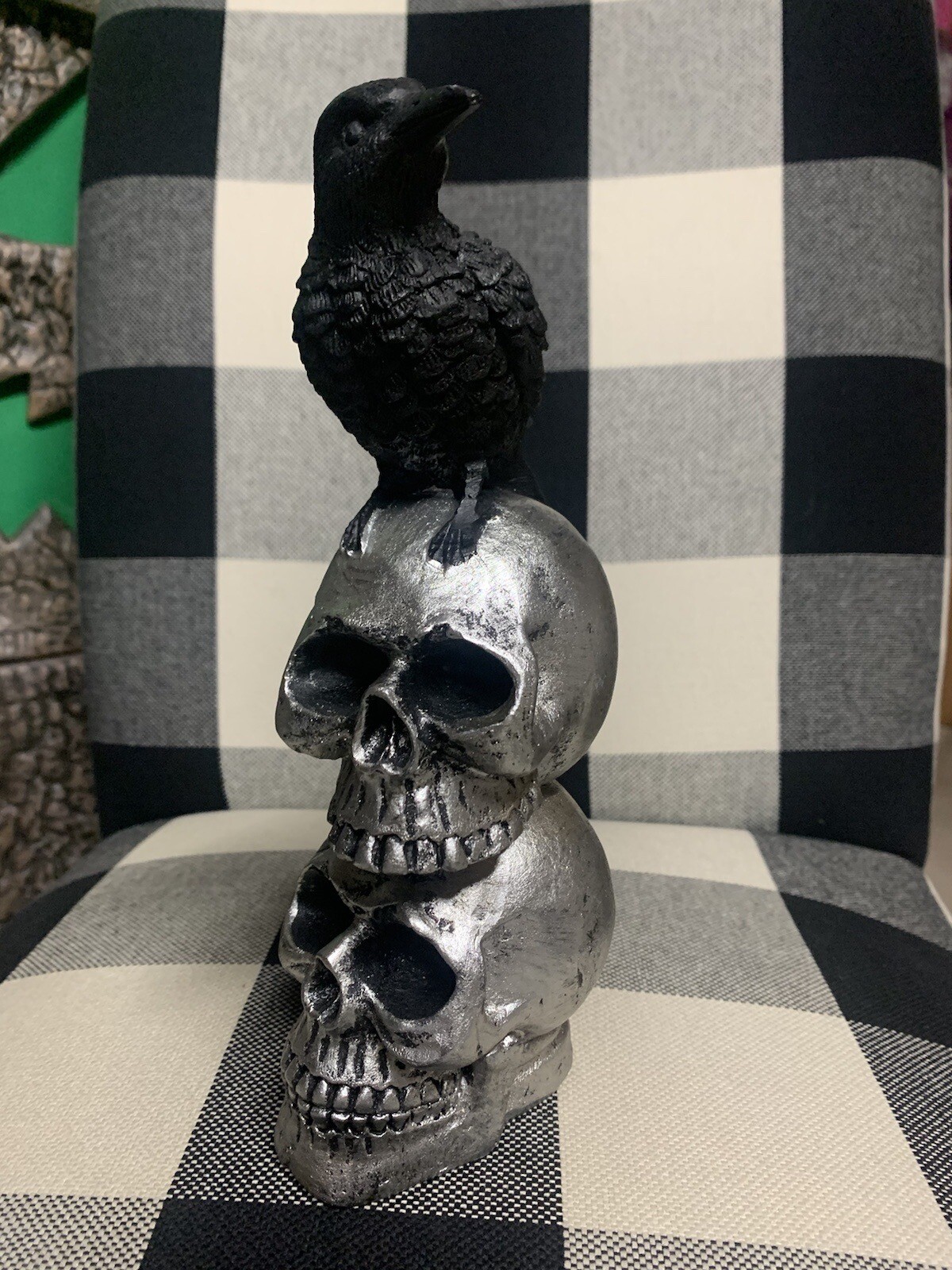 Halloween Raven Crow Stacked Skulls Gothic Black Party Tabletop Decor 10”