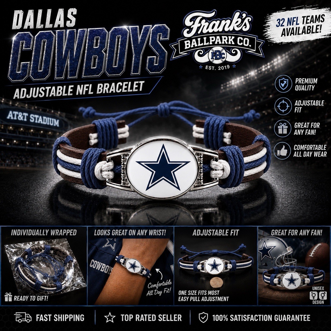 New In Bag ~ Dallas Cowboys ~ Leather Band ~ Bracelet ~ NFL Licensed