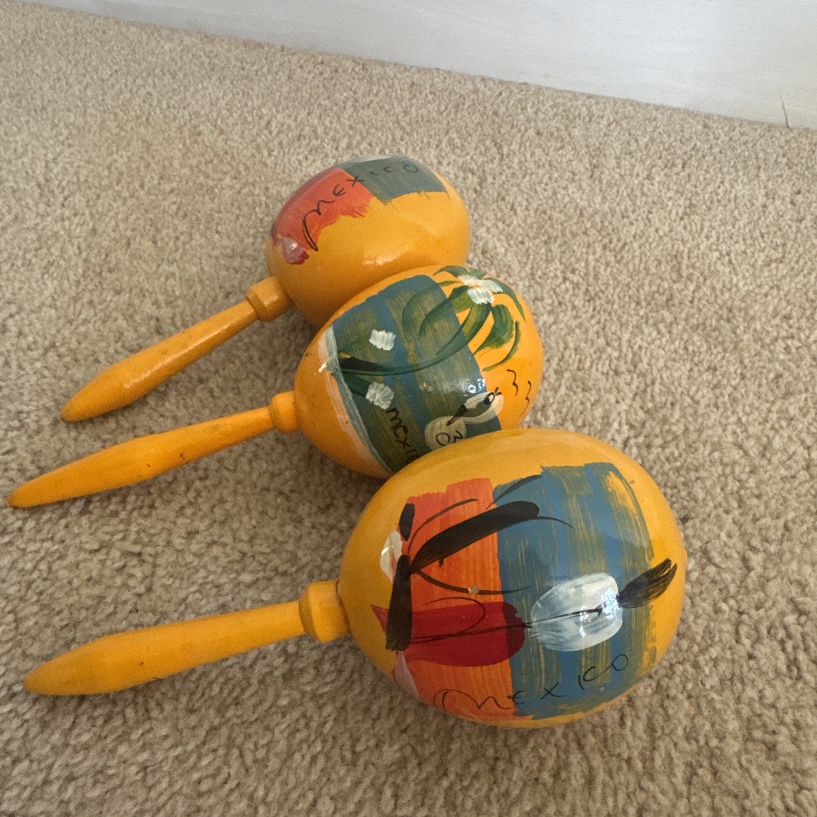 Set of 3 Yellow Hand Painted Maracas Mexico Gourd Wooden Shakers Rattle